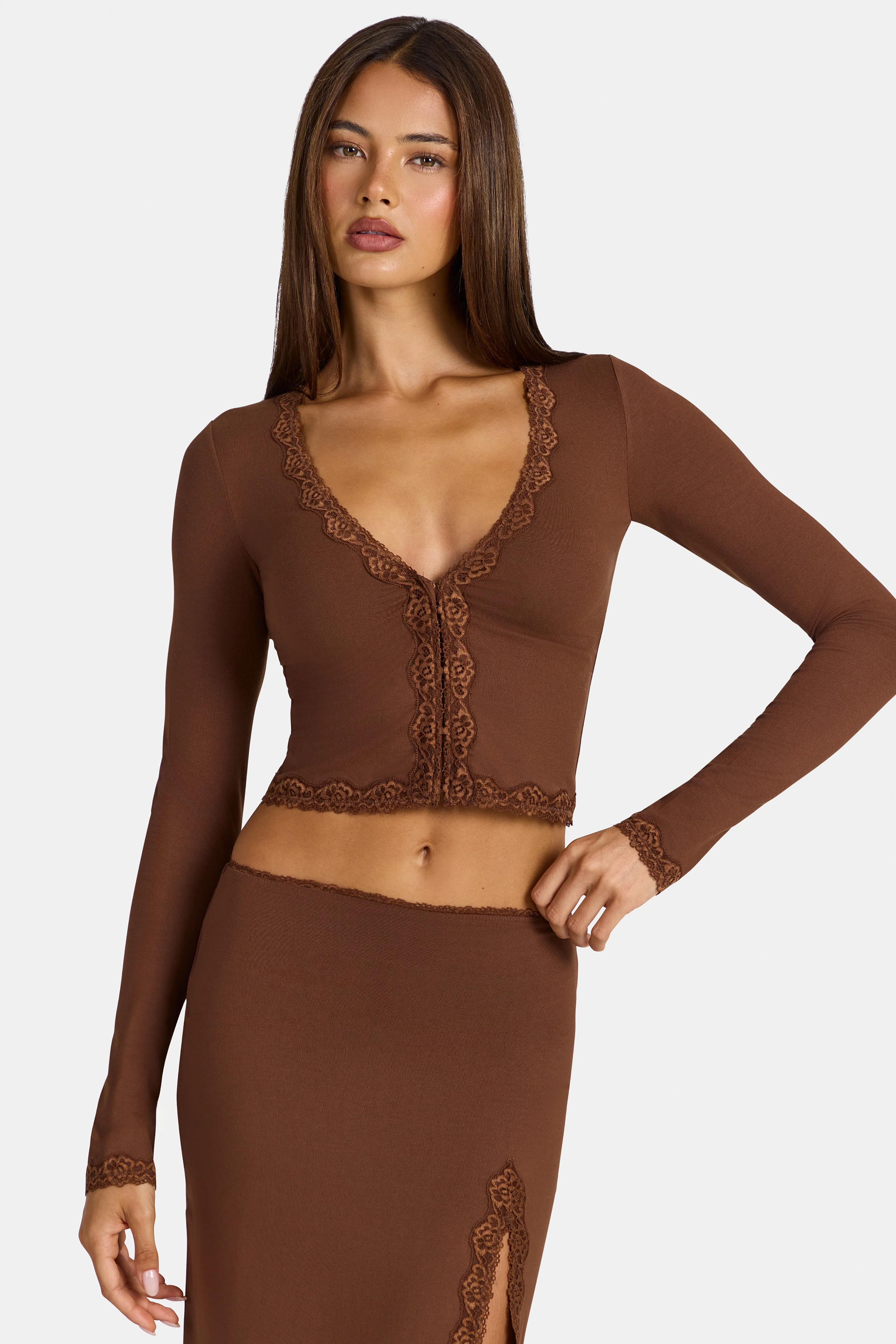 Modal Lace-Trim Cropped Cardigan  in Cocoa Brown