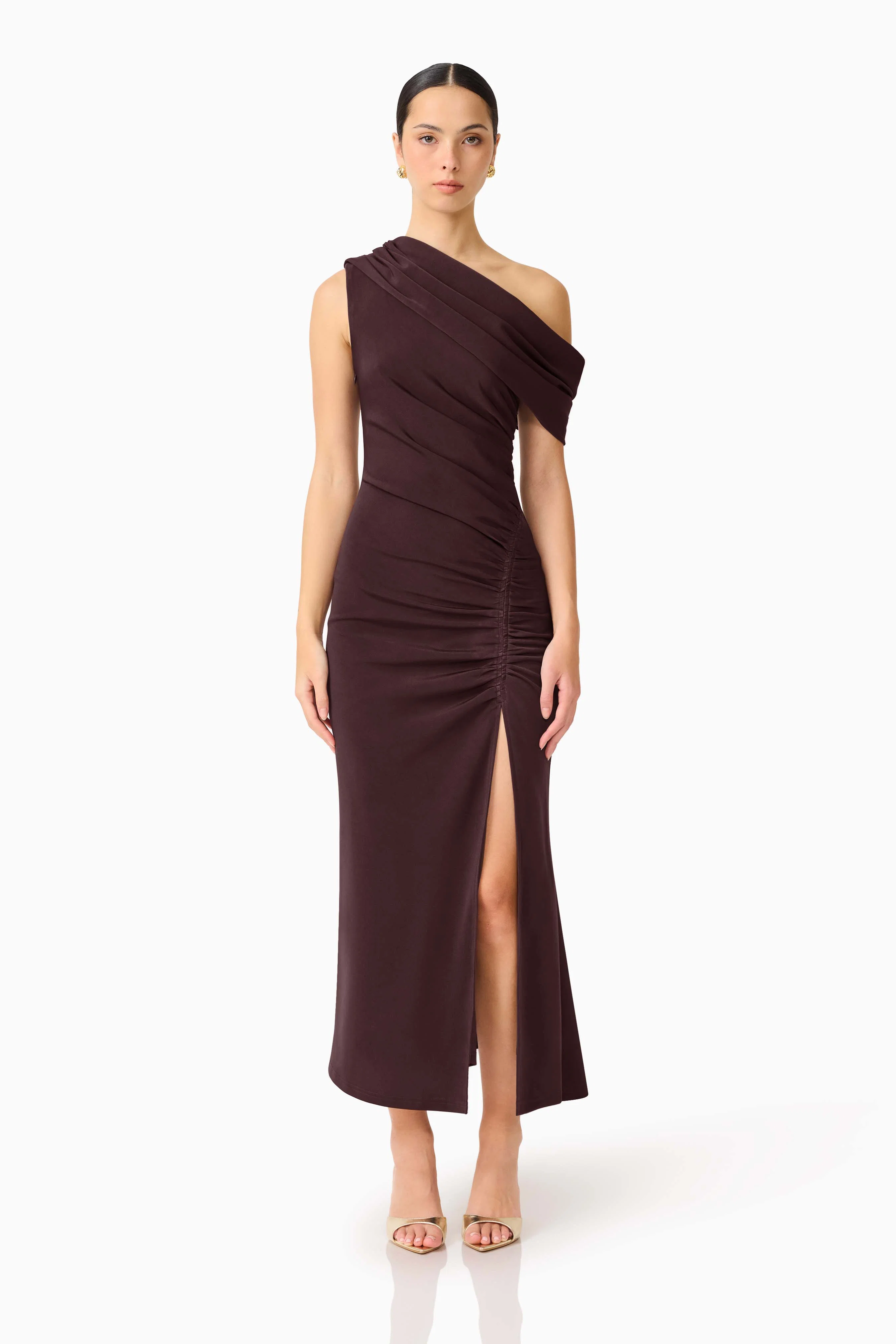Simone One Shoulder Maxi Dress in Chocolate Brown
