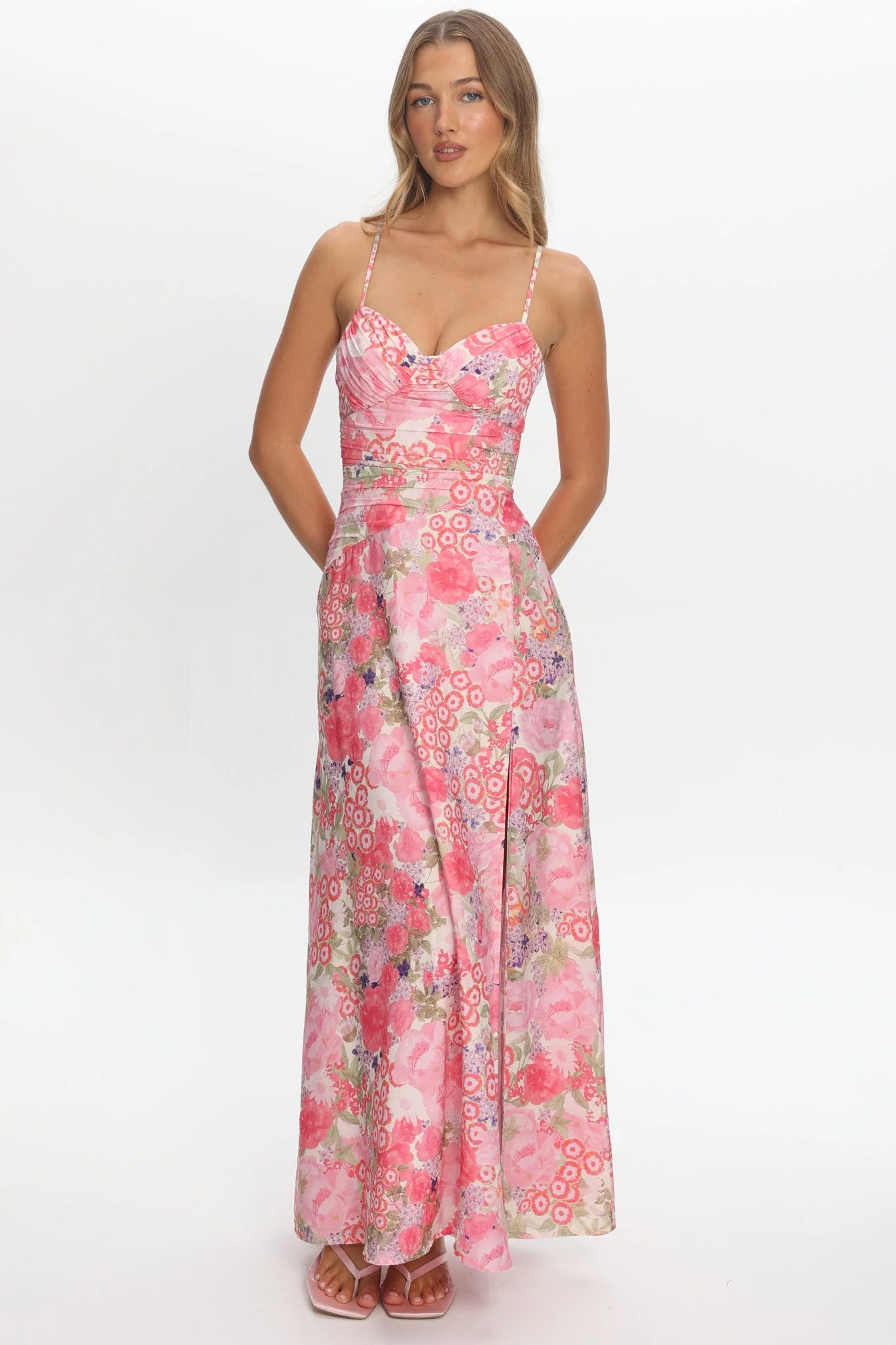 Marin Gathered Bodice Maxi Dress Floral Pink