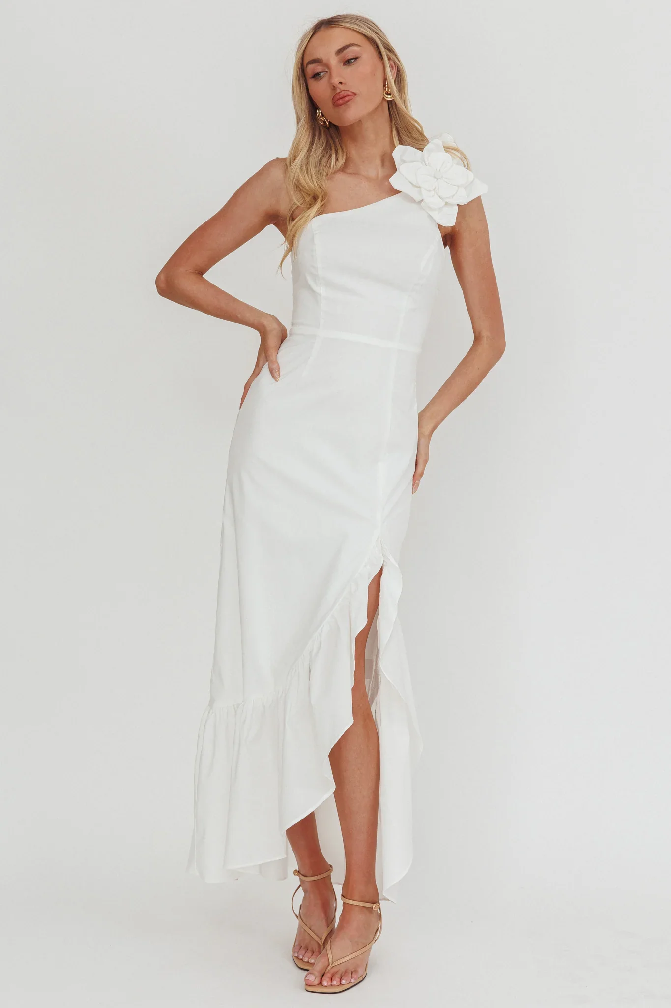 Dena One-Shoulder Frill Hem Maxi Dress White