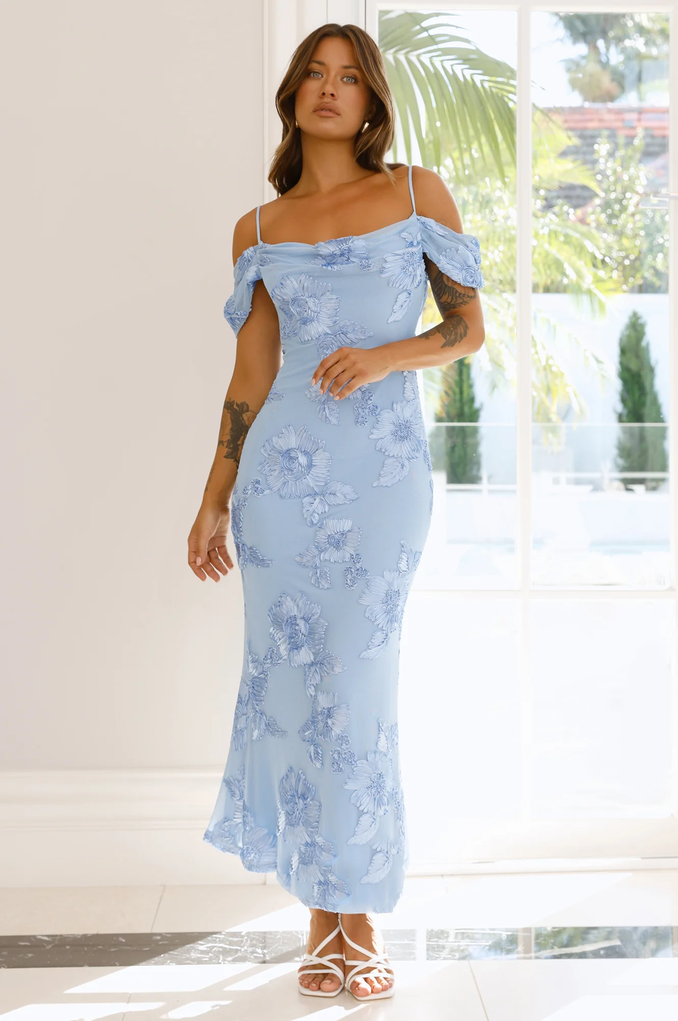 You’re Magic Off Shoulder Mesh Maxi Dress Blue