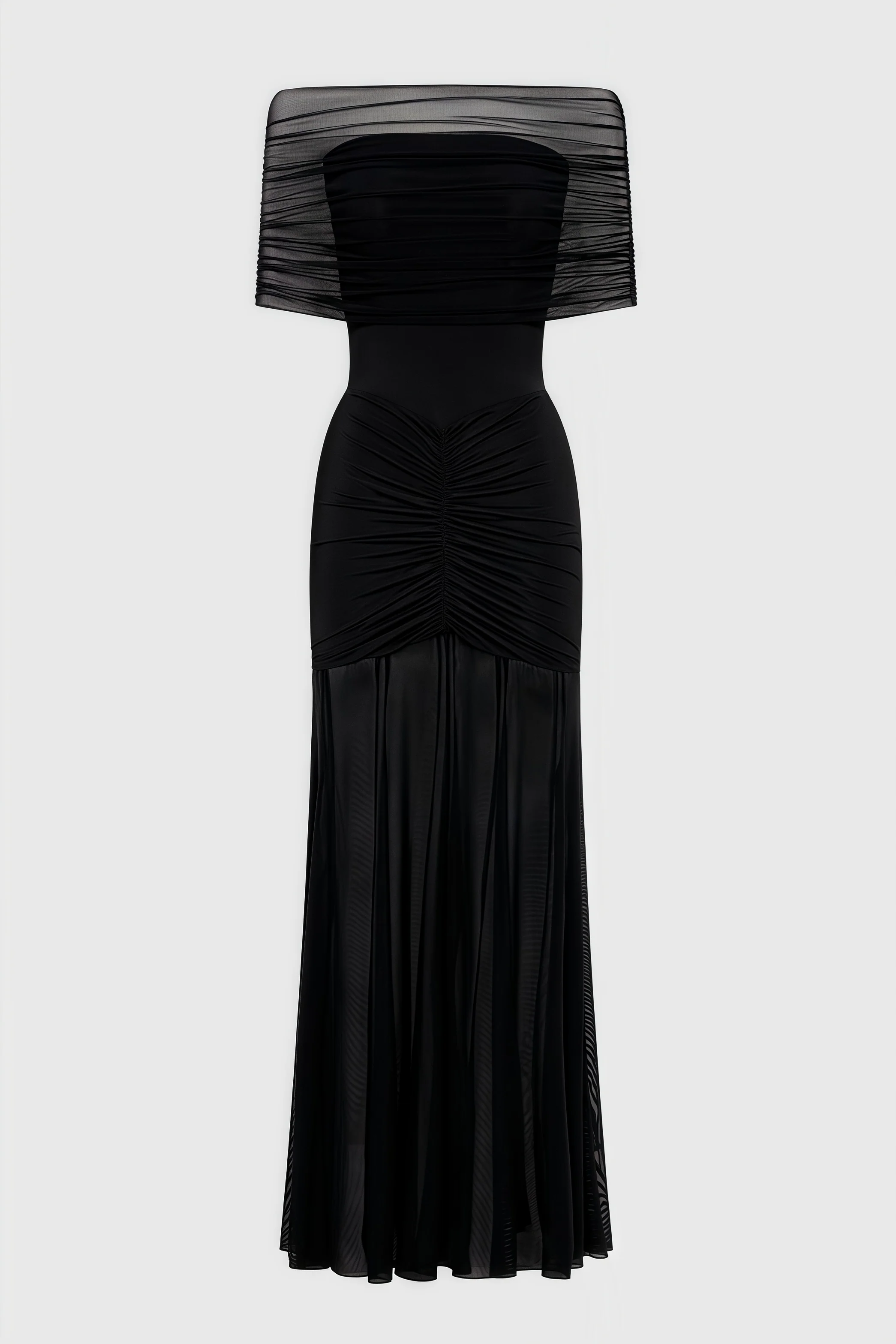 Nivenae Slinky And Mesh Off Shoulder Maxi Dress