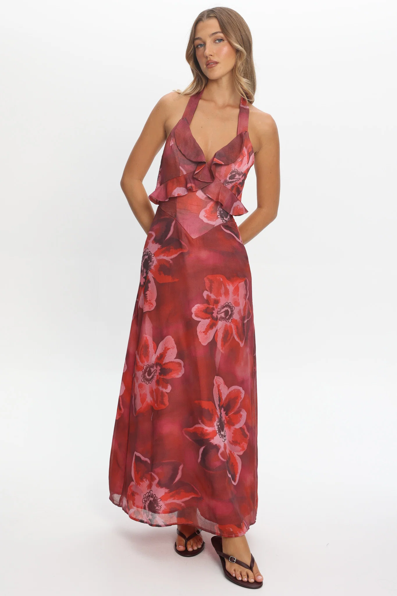First Dates Frill Trim Maxi Dress Print Red