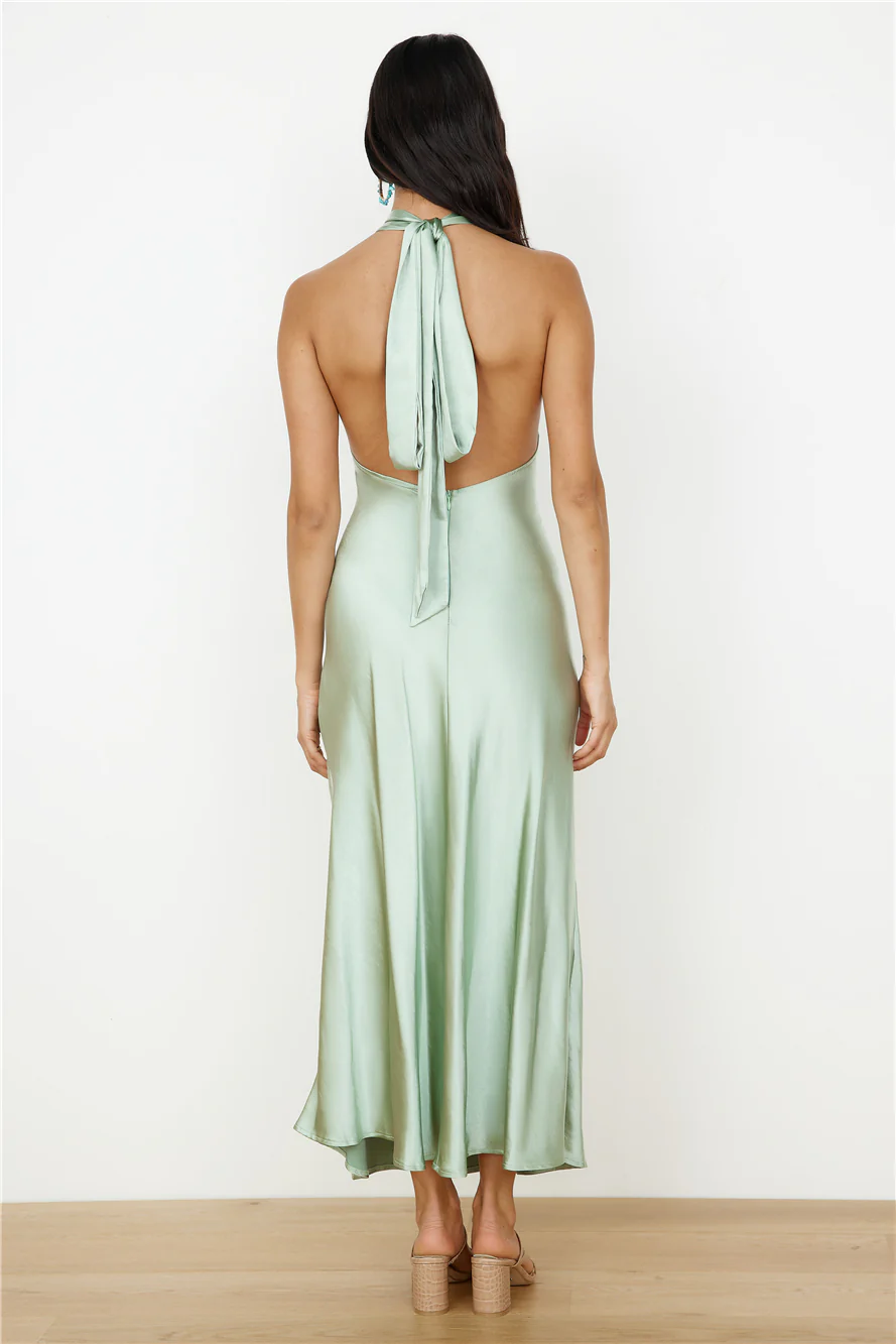 In My Feelings Satin Maxi Dress Sage