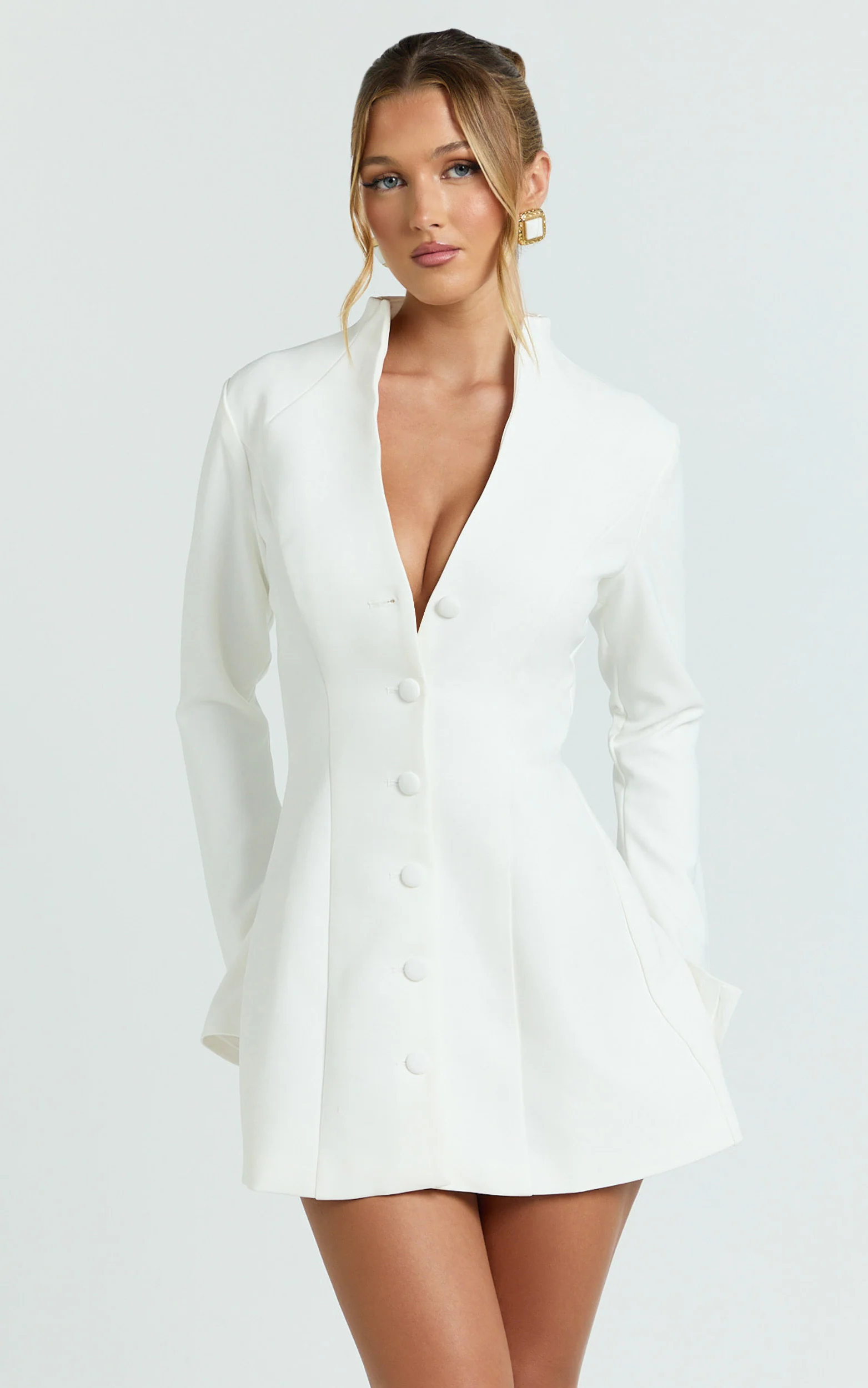 Layton Mini Dress - V Neck Long Sleeve Button Front Tulip Skirt Dress in White