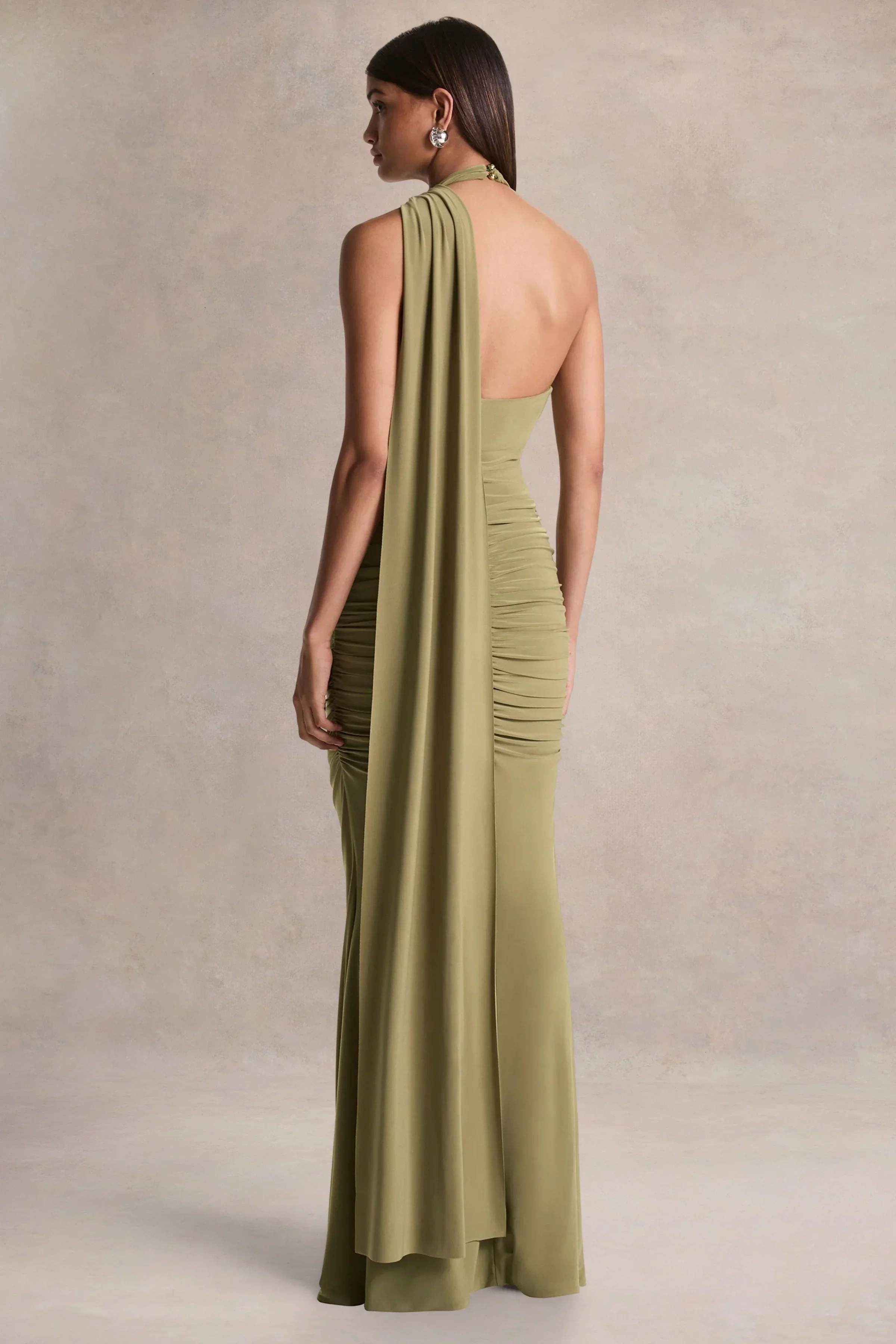 Roselani | Olive Halter-Neck Maxi Dress With Open-Back