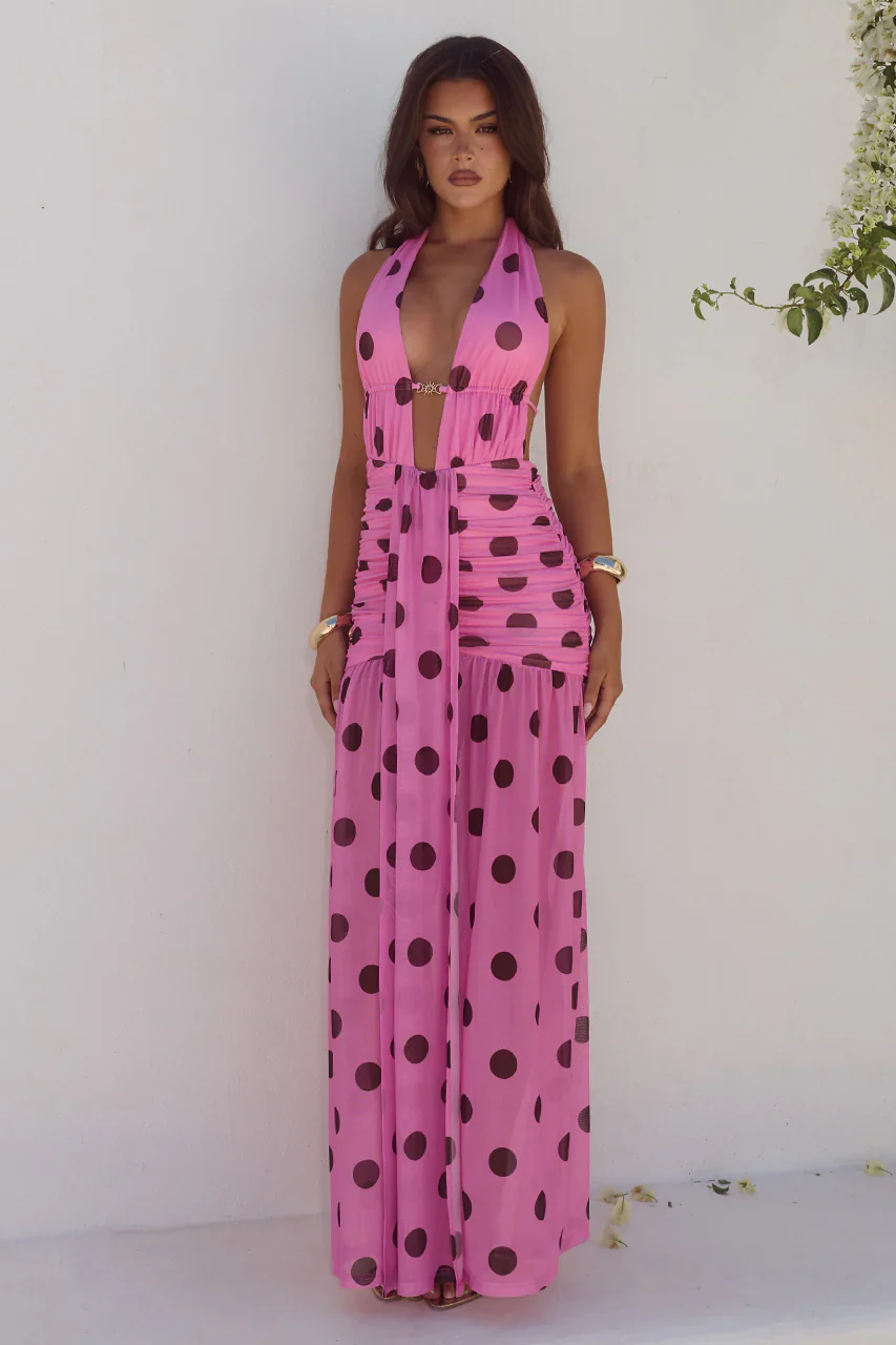 ADRIANNA PLUNGE RUCHED MAXI DRESS - MUSK/CHOC POLKA