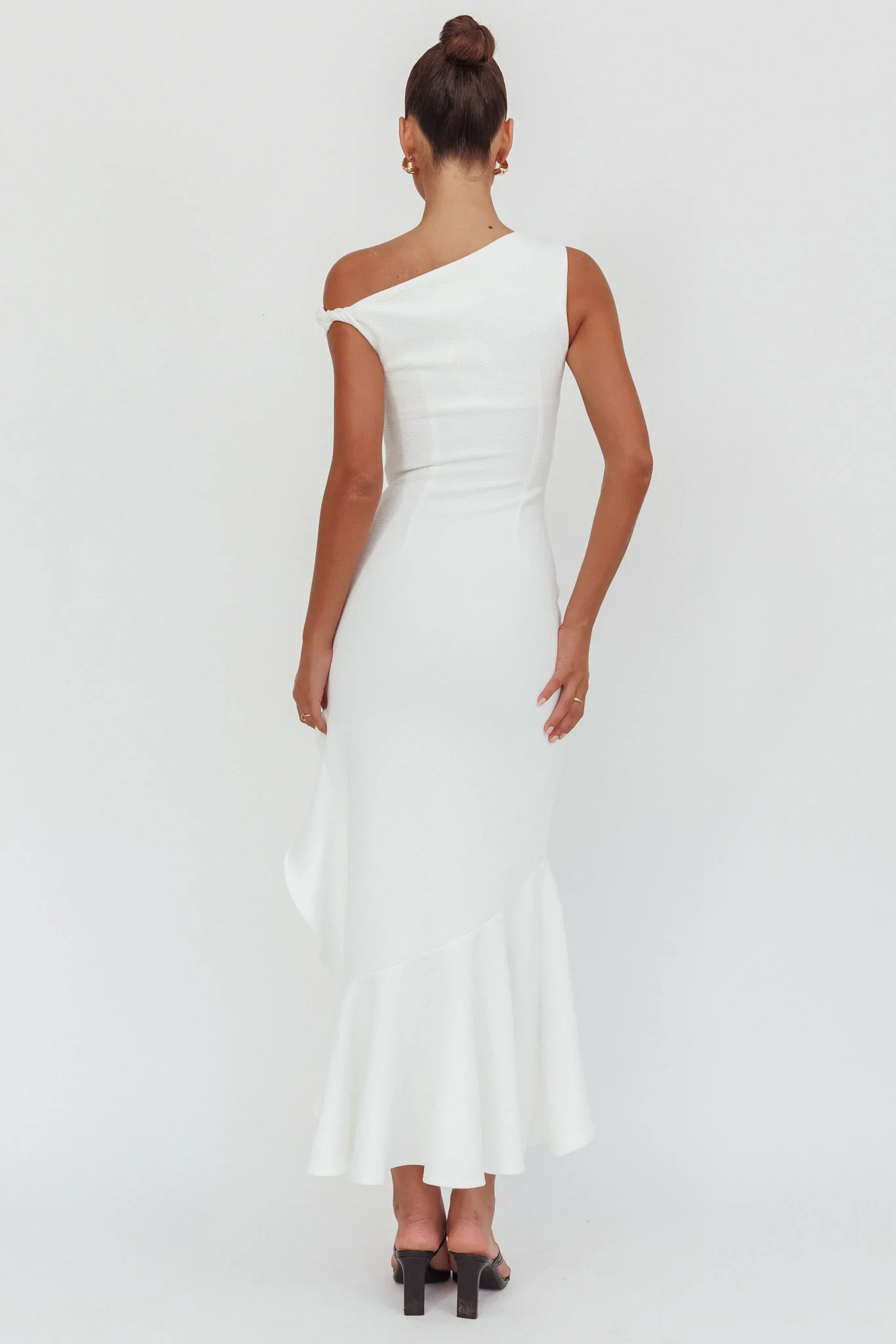 Lights On One-Shoulder Ruffle Hem Maxi Dress White