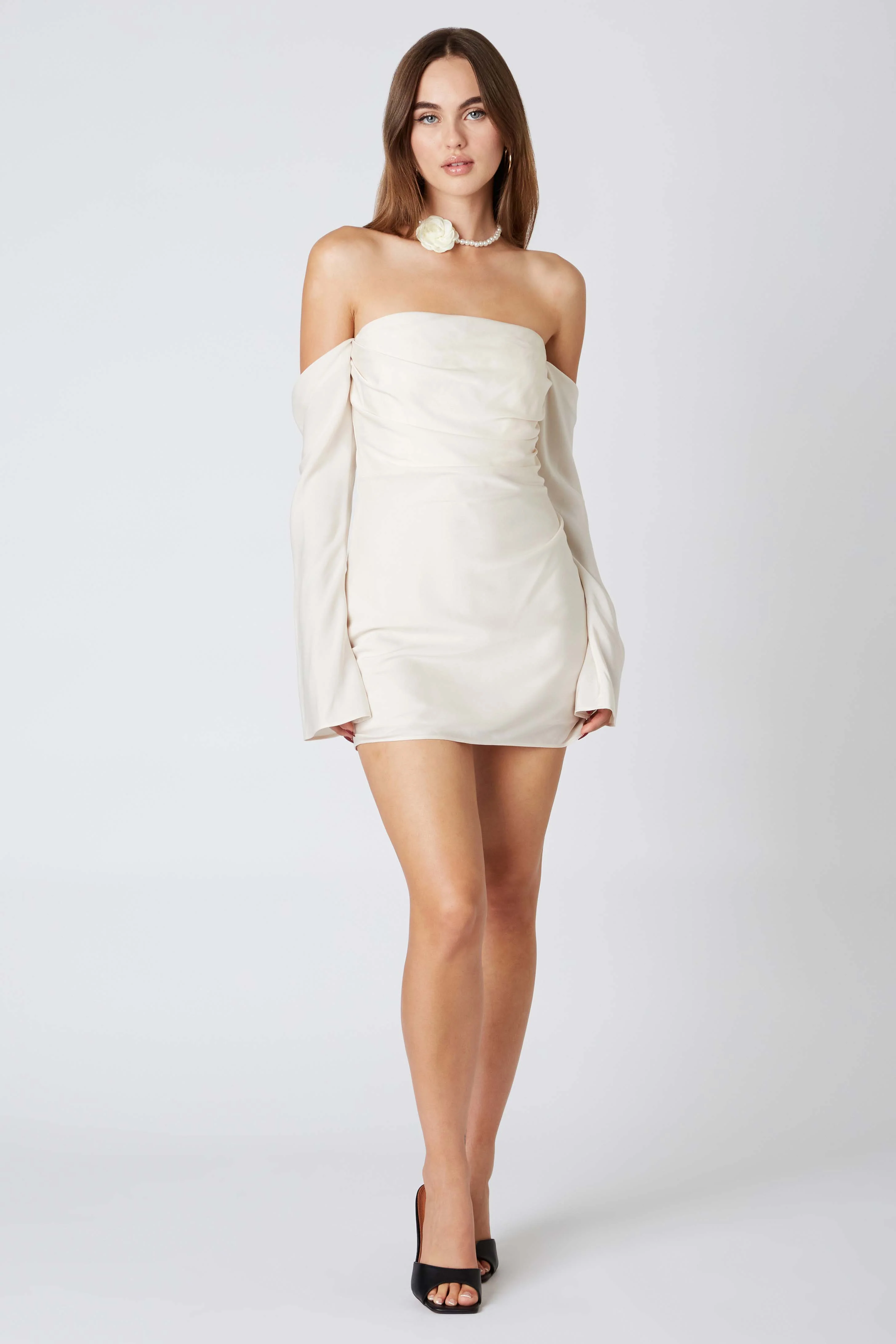 Off-Shoulder Draped Satin Dress
