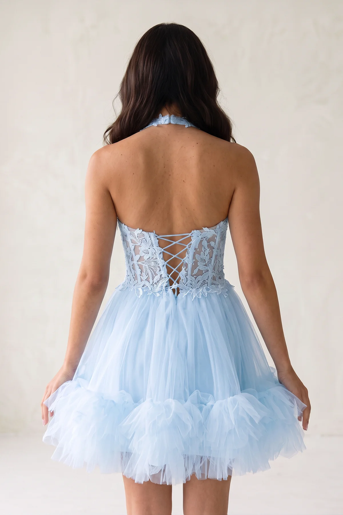 White Halter Tulle Tiered A-Line Homecoming Dress With Lace Appliques