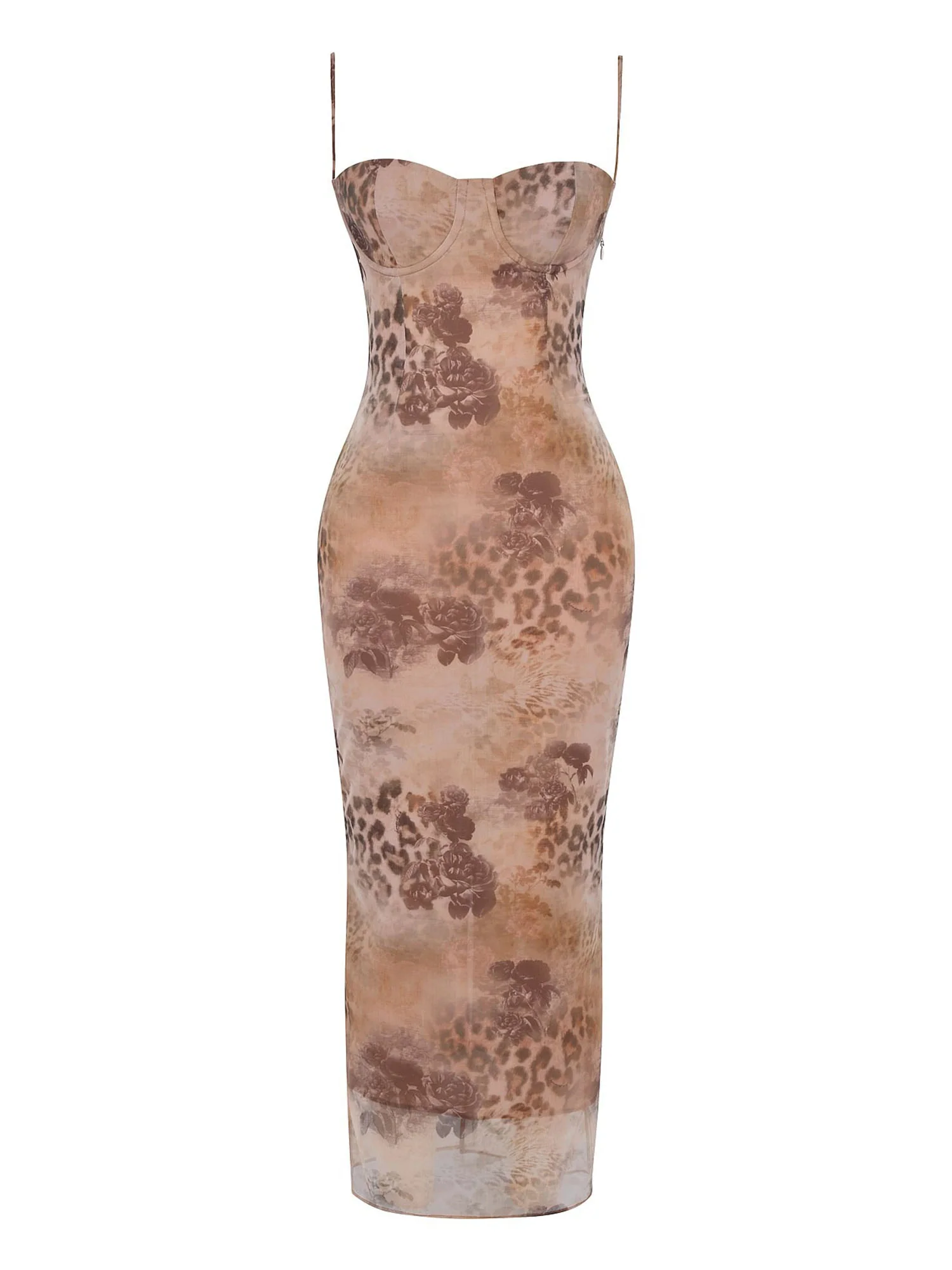 Taupe Sheer Leopard-Print Mesh Maxi Dress