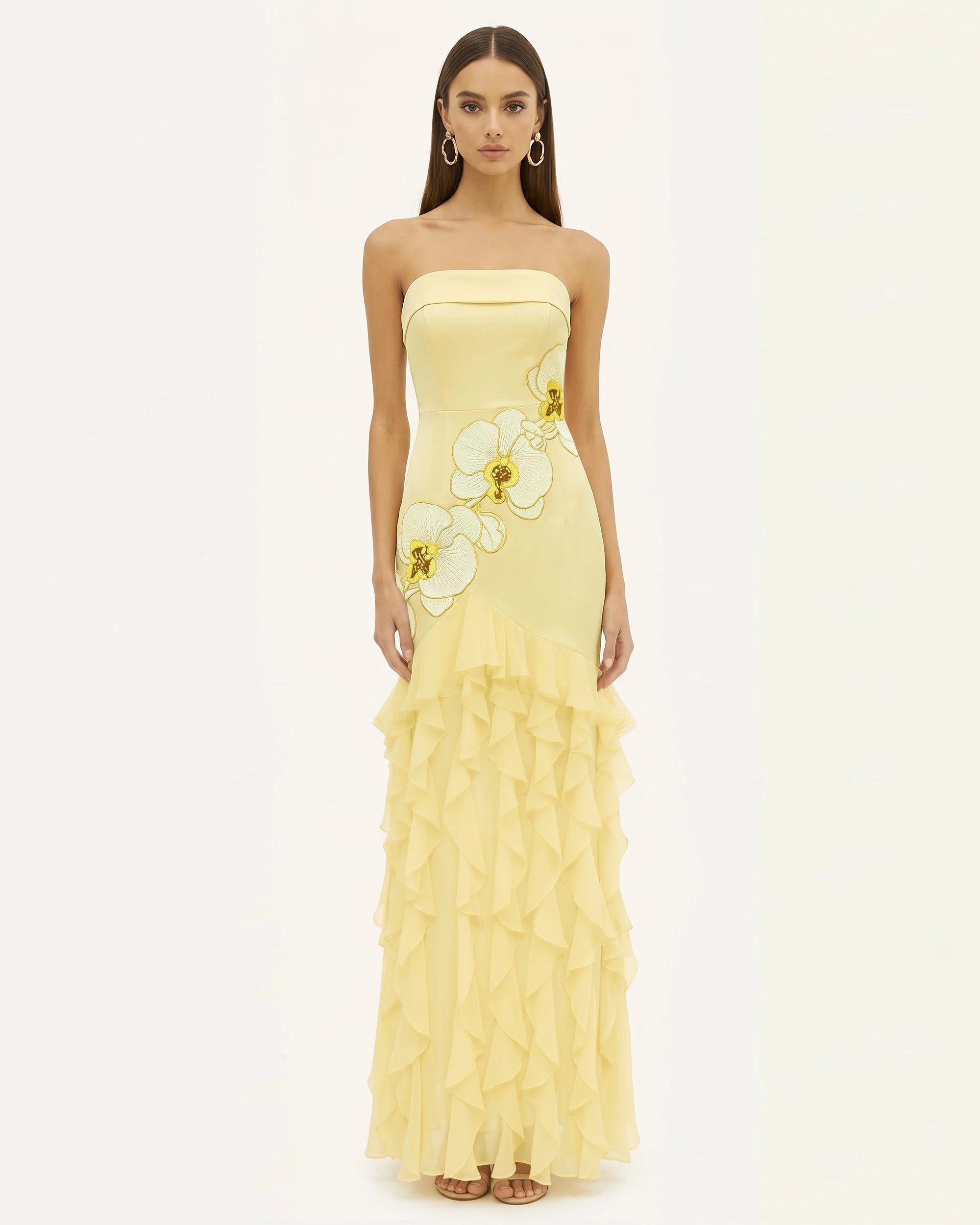Orchid Embroidered Ruffled Strapless Maxi Dress - Pale Yellow