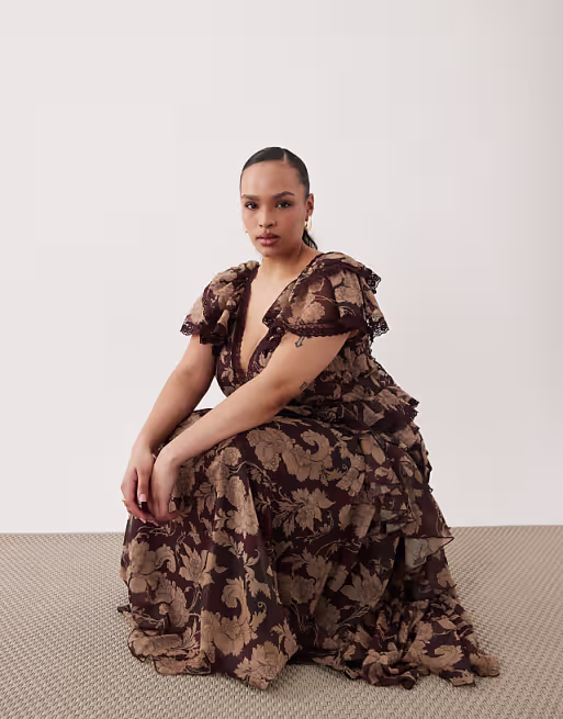 Curve full hem ruffle maxi dress with lace trim detailing and open back in brown floral