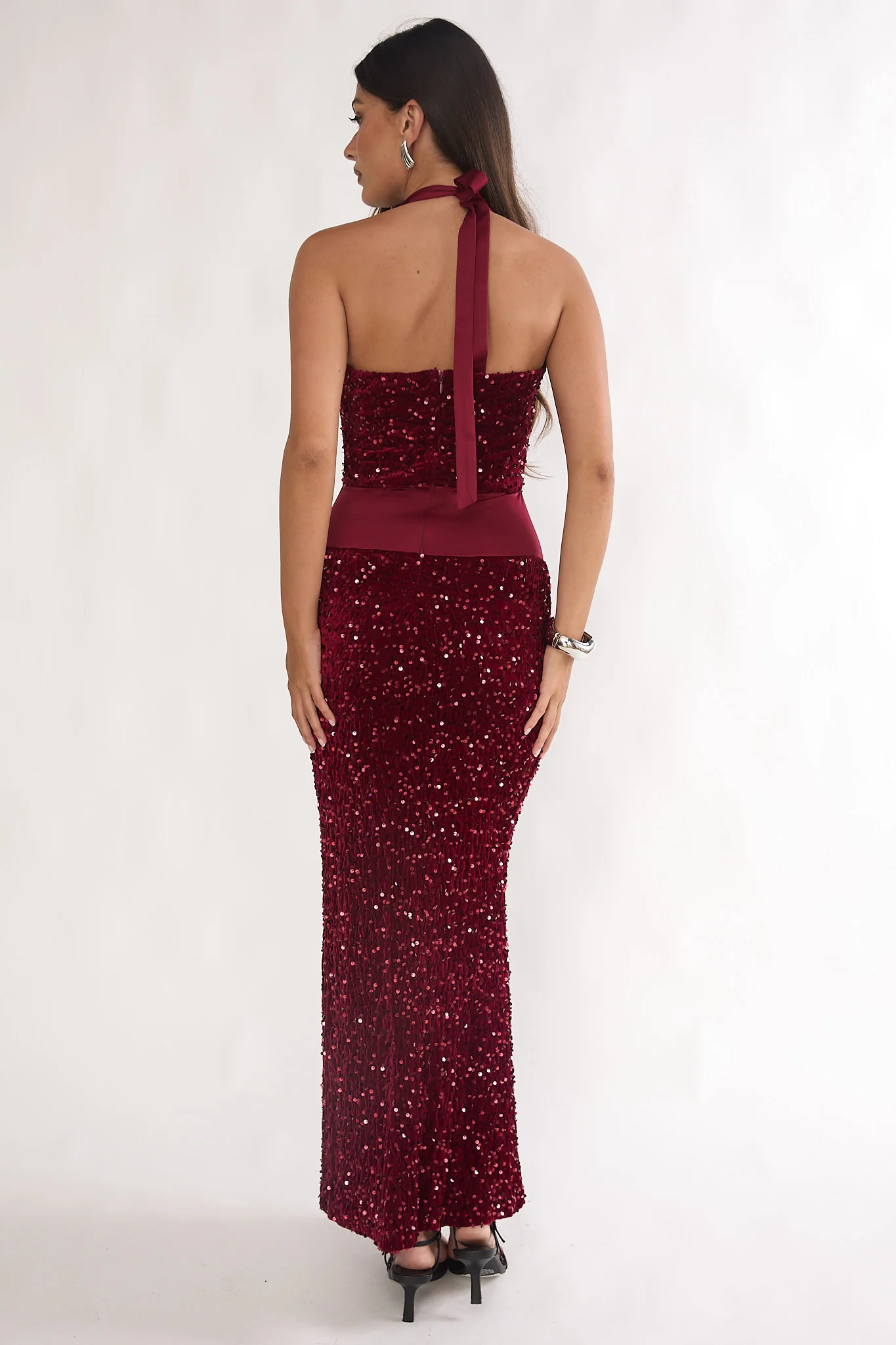Cabernet Halter Maxi Dress Sequin Wine