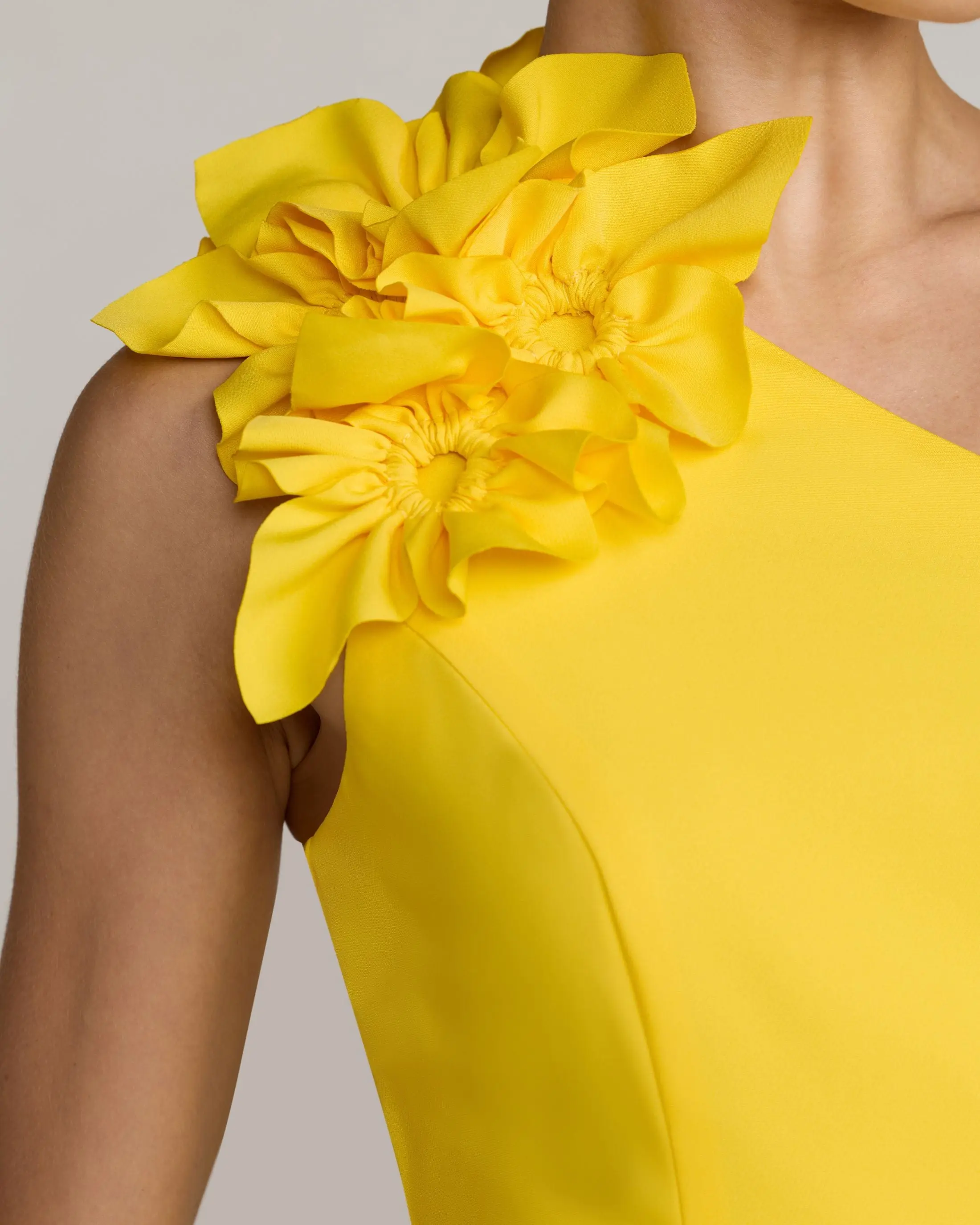Yellow One Shoulder Crepe Gown with 3D Flower