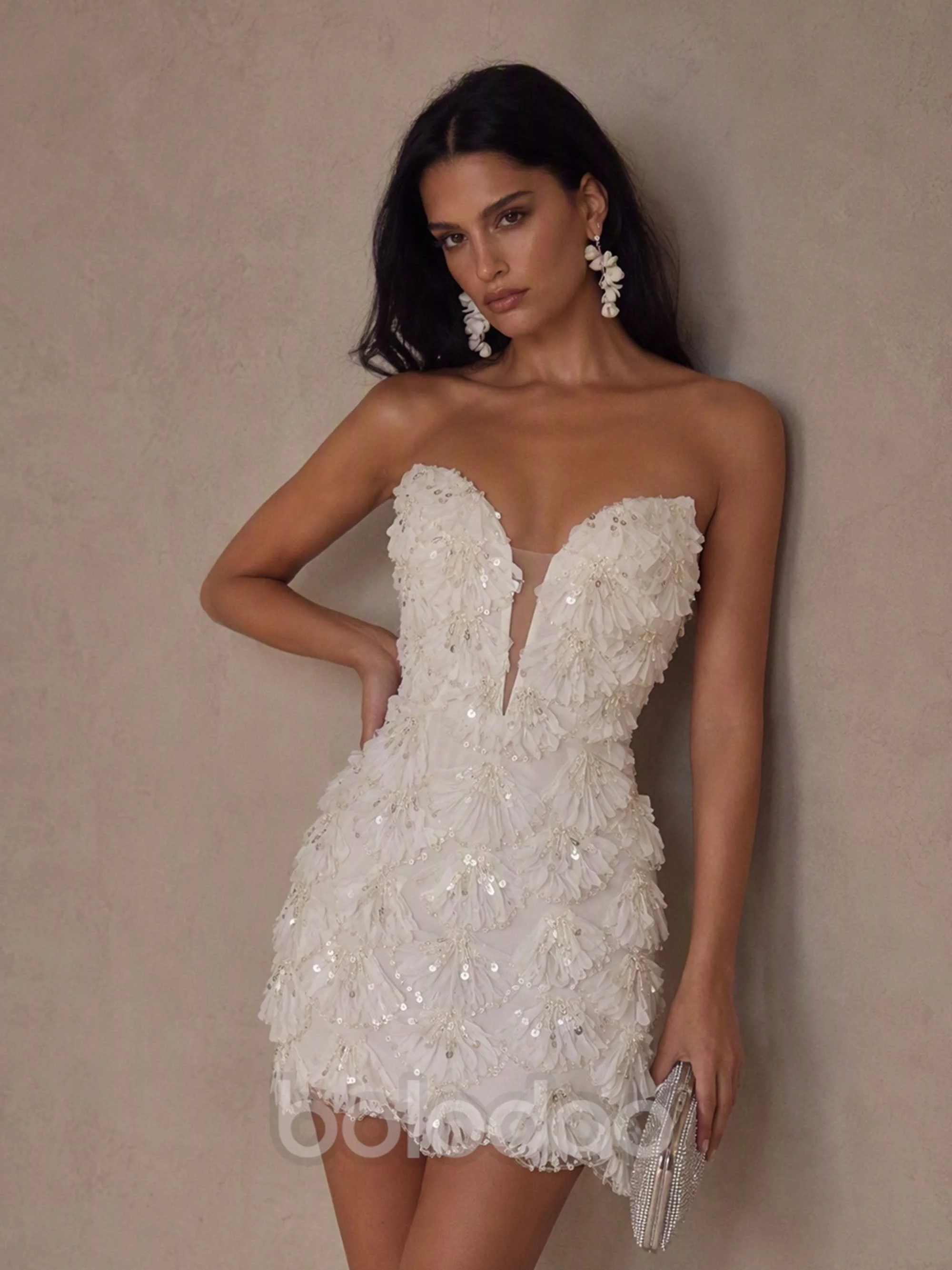 BOLODOO White Sequin 3D Feather Fringe Strapless Deep V Bodycon Mini Dress