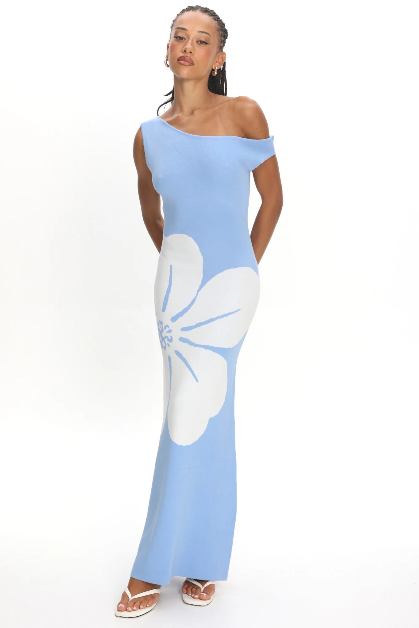 Wildflower Sun Asymmetric Neckline Knit Dress Flower Blue - luluinthesky