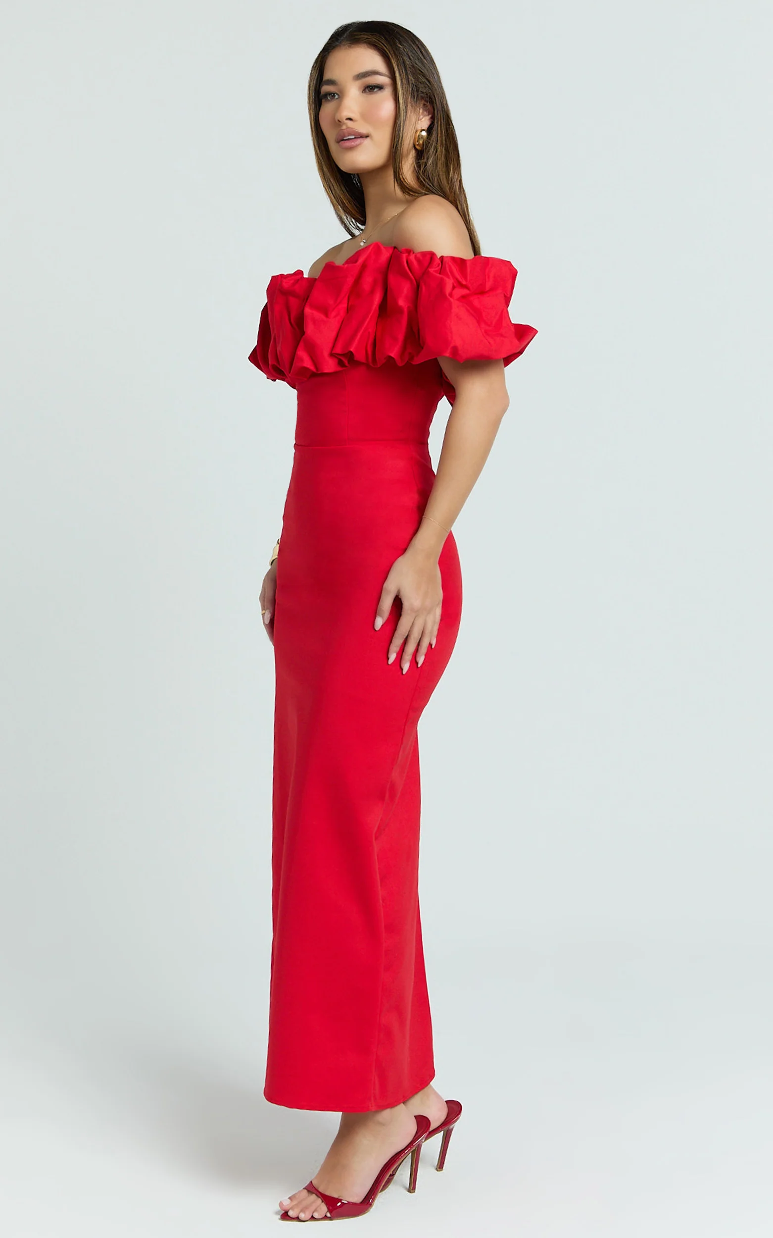Rhaya Midi Dress - Ruffle Off Shoulder Fitted Dress in Red