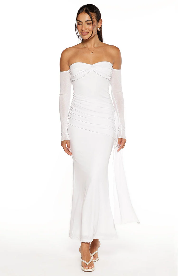 Breanna White Long Sleeve Ruched Maxi Dress