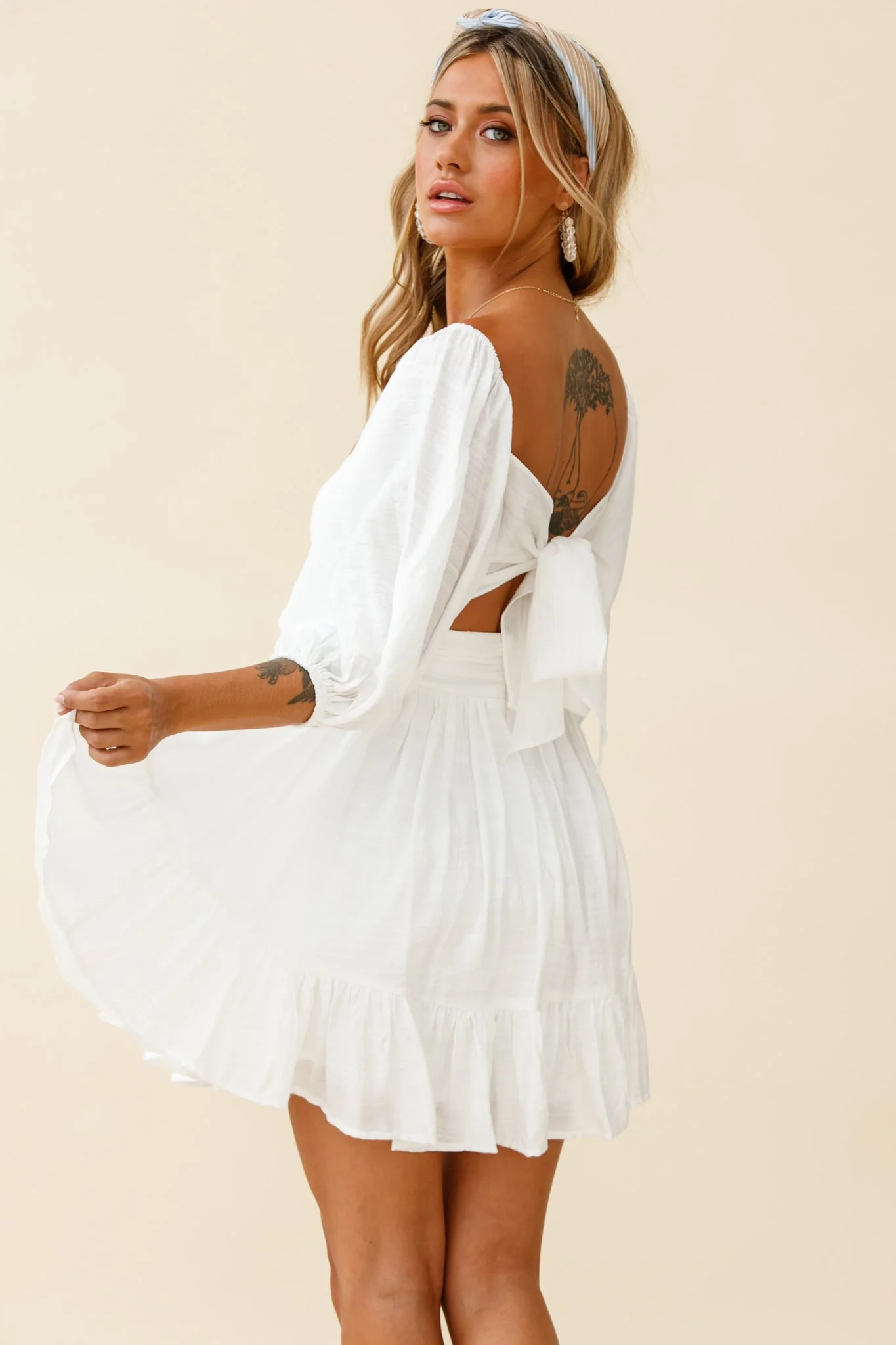 Abby Off-Shoulder Tie-Up Back Dress White - luluinthesky