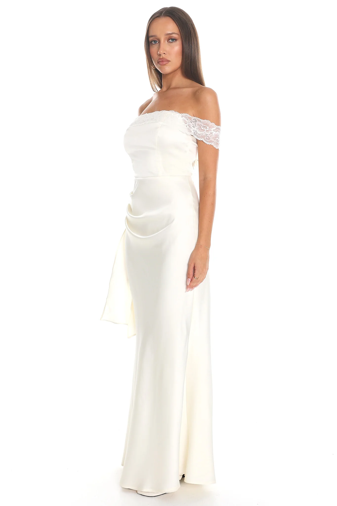 Solemn Vow Off-Shoulder Satin Gown Cream