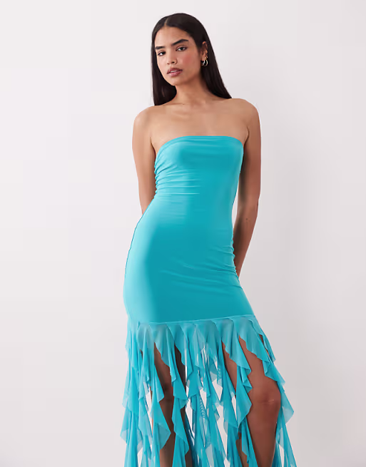 Kaiia exclusive textured mesh strapless ruffle hem maxi dress in turquoise