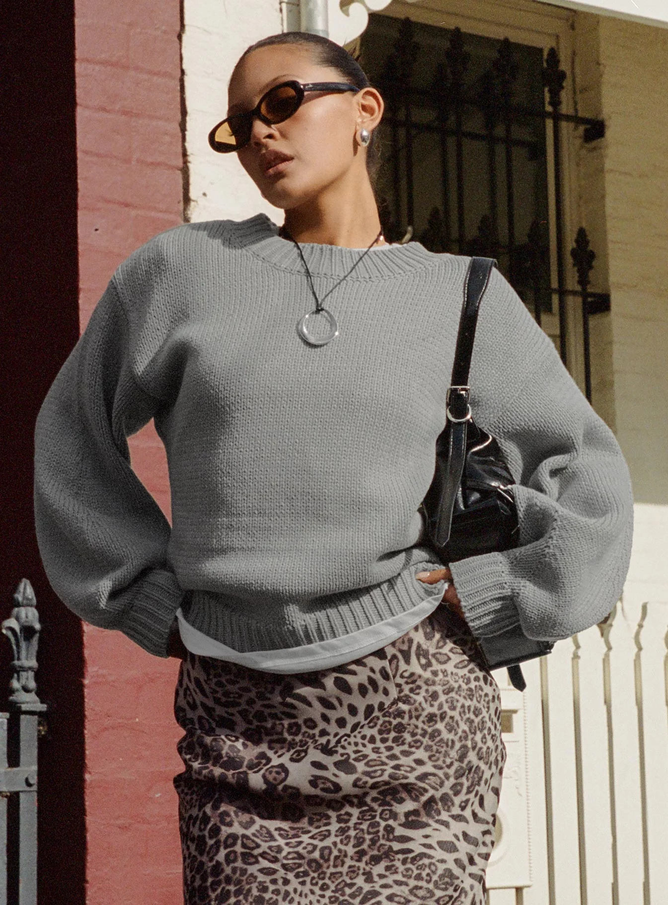 Harmony Balloon Sleeve Knit Sweater Grey