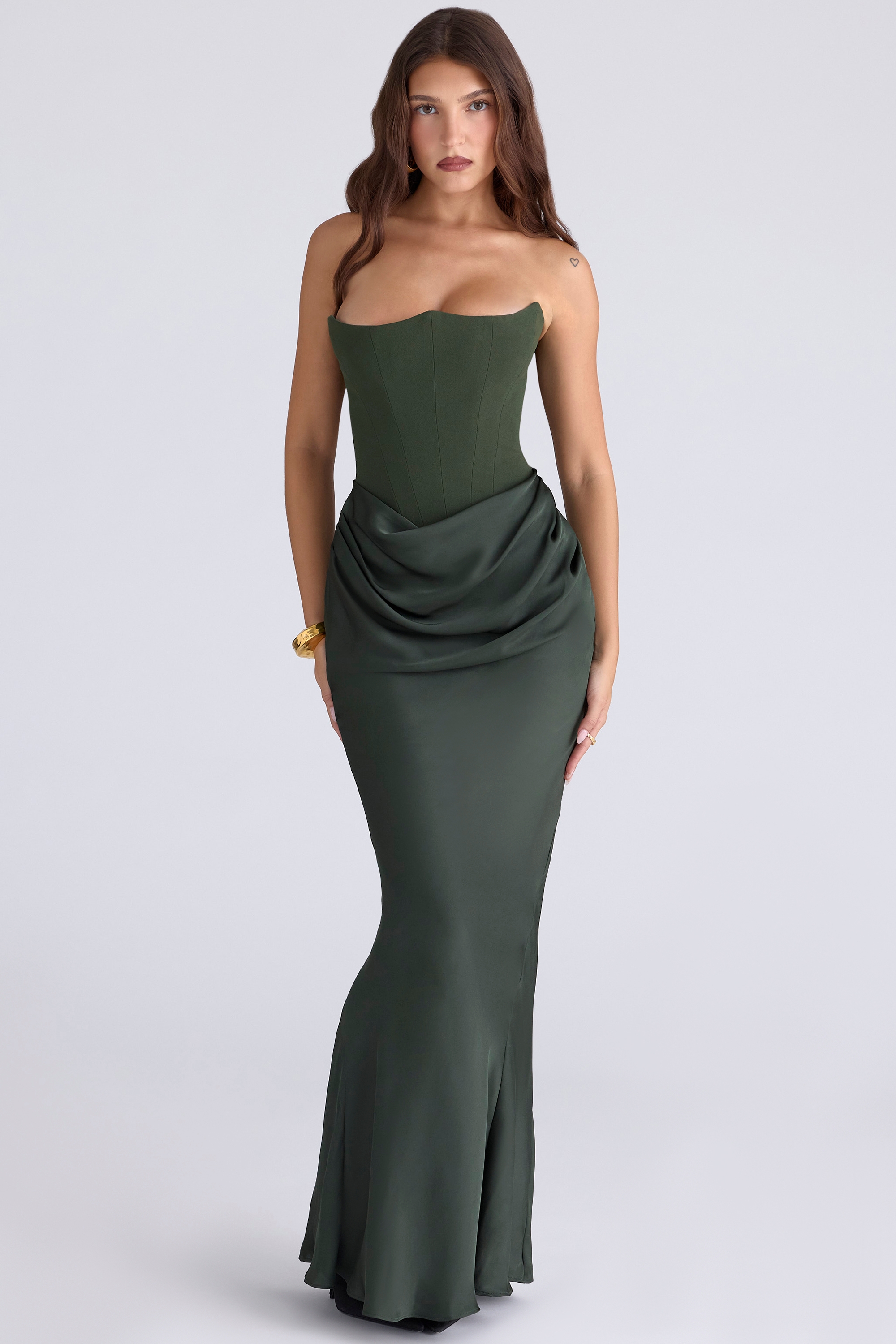 emerald green crepe strapless corset maxi dress