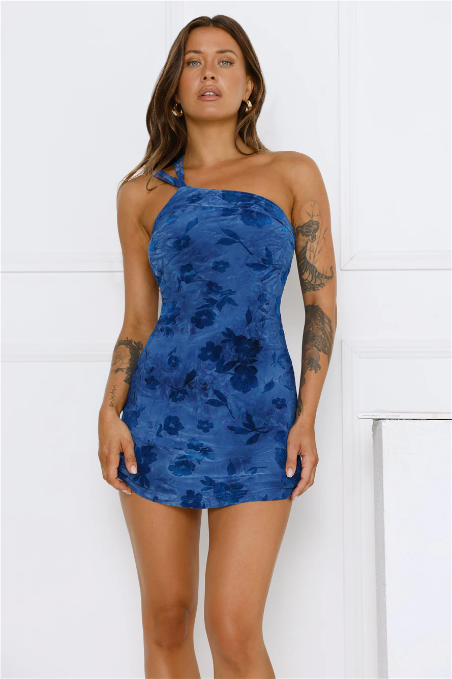 Velvet Daze One Shoulder Mesh Mini Dress Blue