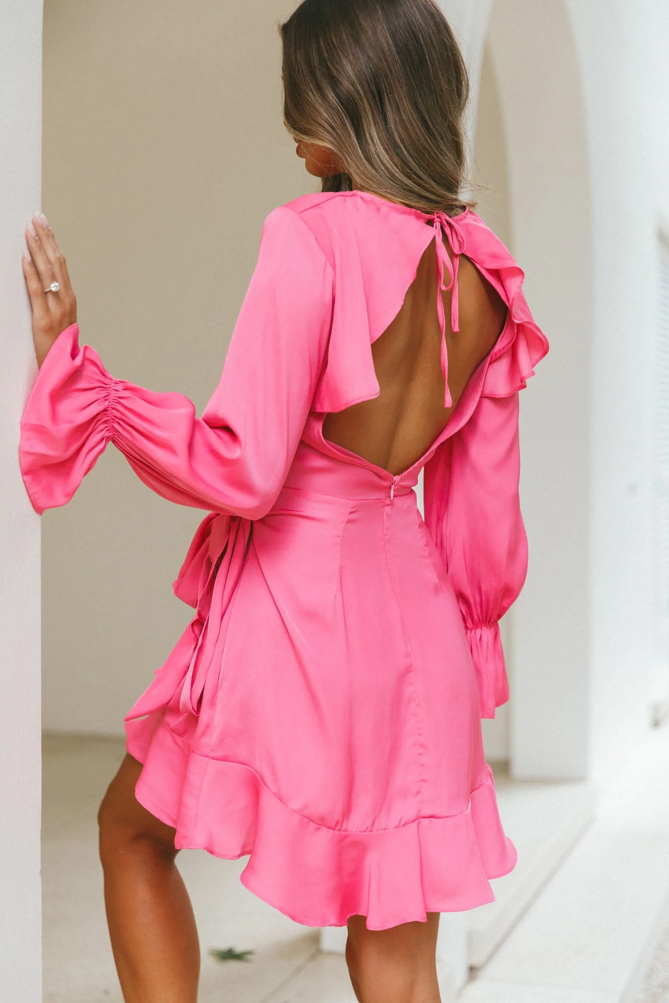 Darla Long Sleeve Satin Dress Hot Pink - luluinthesky