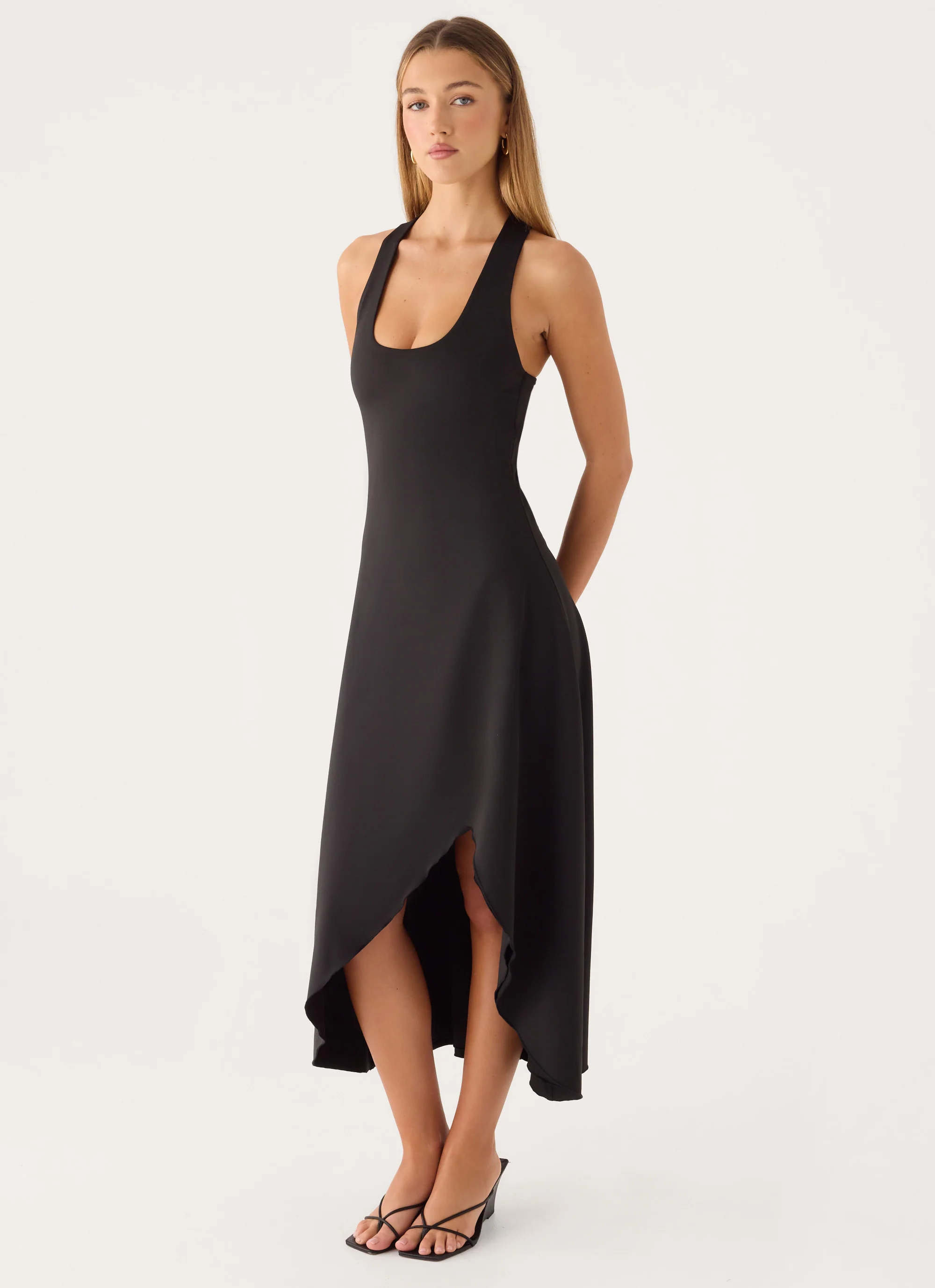 Kyrra Asymmetrical Midi Dress - Black - luluinthesky