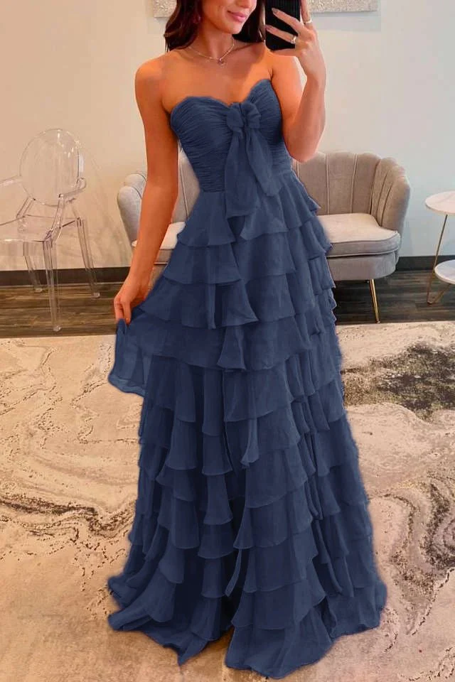 Cinizia | Chiffon Fuchsia Sweetheart Tiered Ruffles Prom Dress with Slit