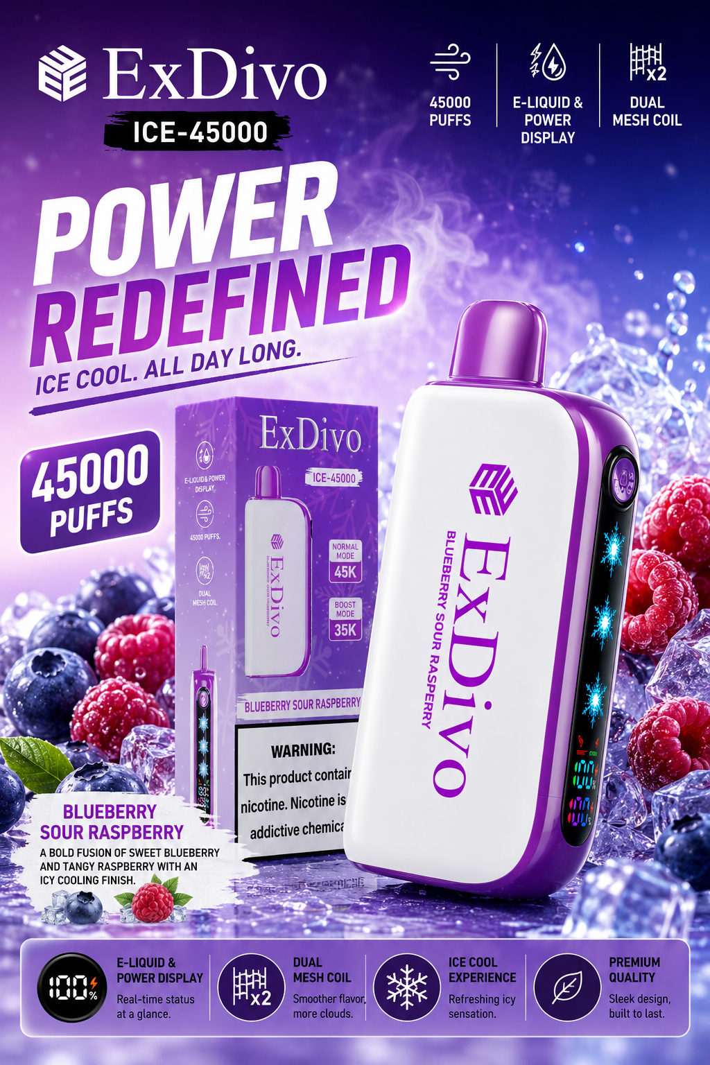 ExDivo Ice Flame Vape 45000 Puffs——BLUEBERRY SOUR RASPBERRY