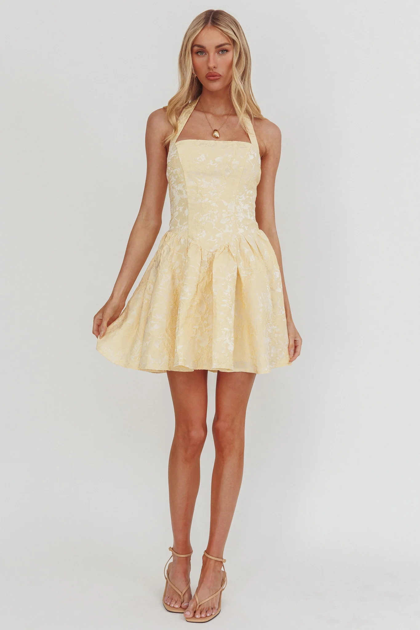 Serrah Halter Mini Dress Jacquard Butter - luluinthesky