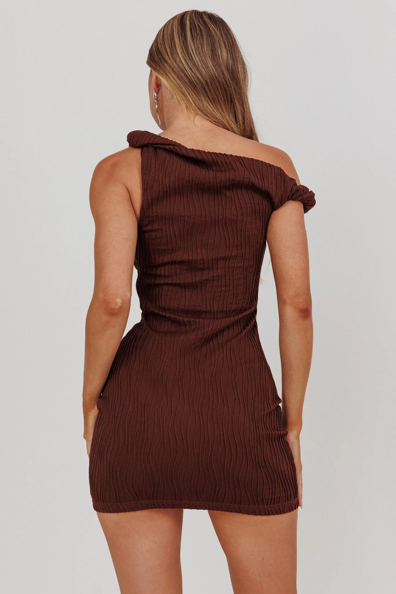 Lingering Love One-Shoulder Mini Dress Brown