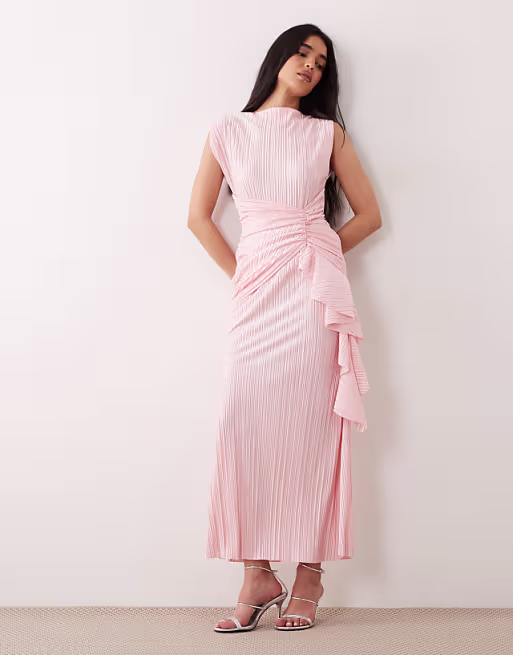 ruched side plisse maxi dress with frill detail in baby pink
