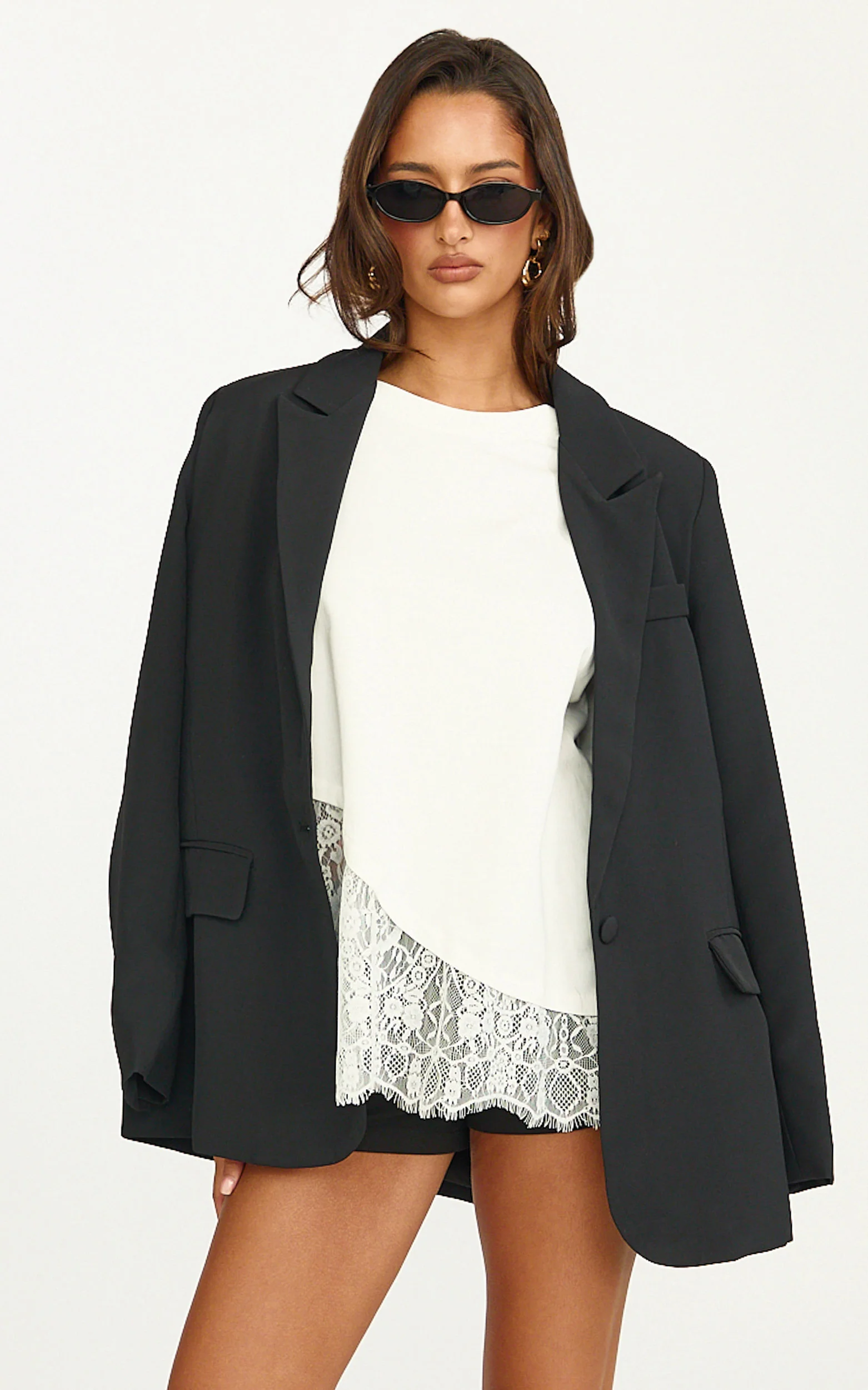 Abby Top - Asym Tee with Lace Trim in White