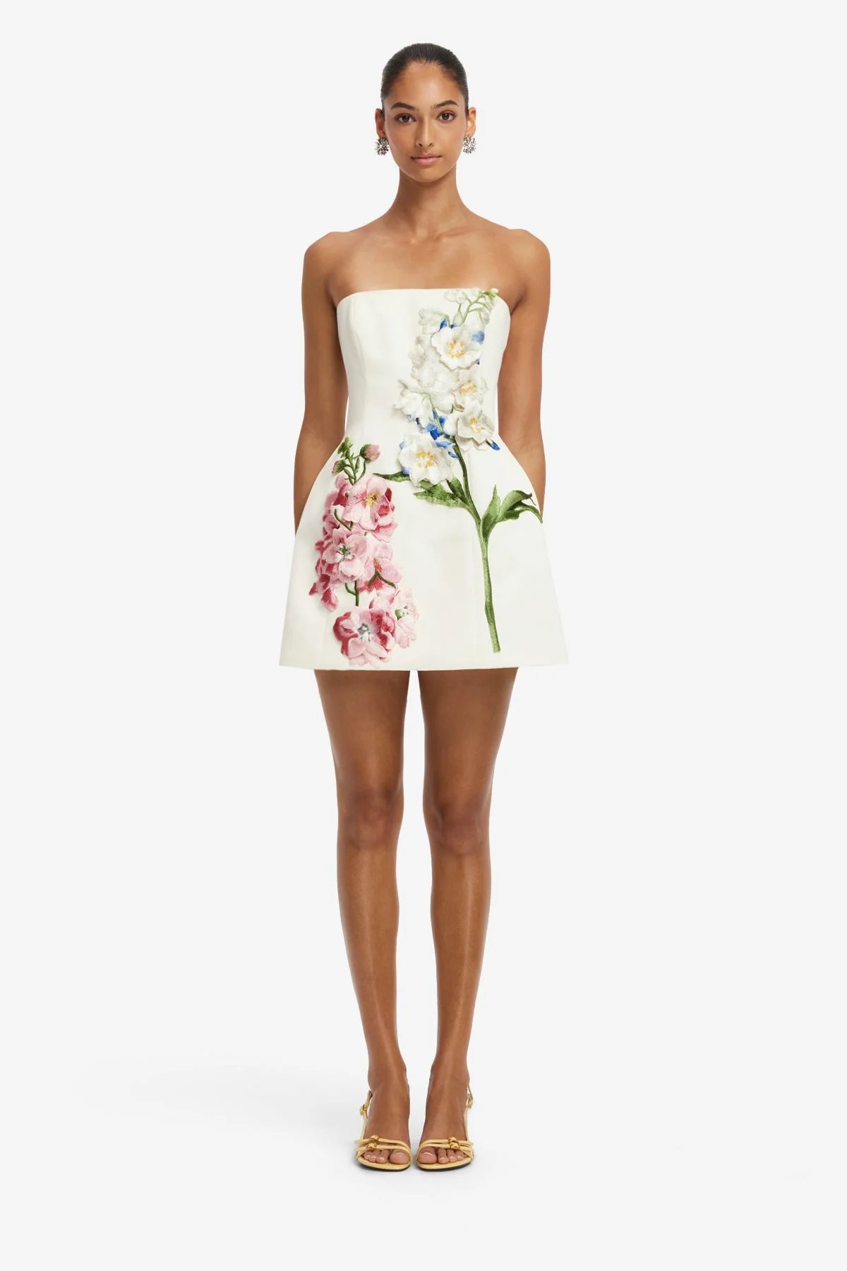Roselle Embroidered Bustier Mini Dress - Snapdragon Print in Snow - luluinthesky