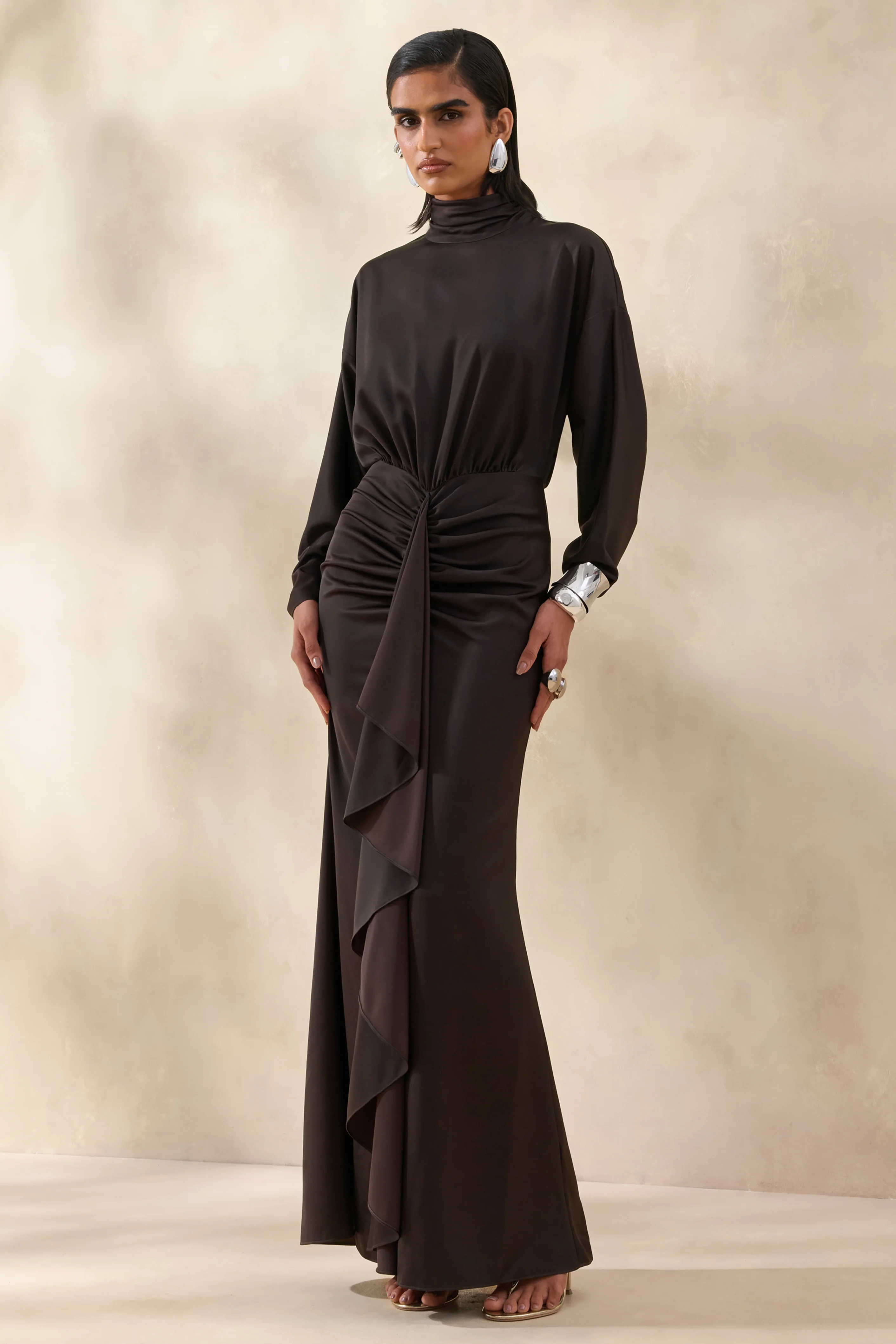 Perla | Dark Brown High-Neck Maxi Dress With Gathered-Detailing