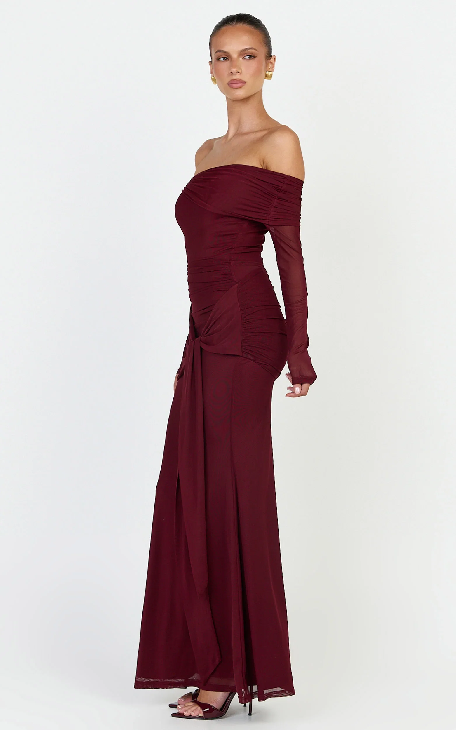 Waverly Maxi Dress - Long Sleeve Off Shoulder Dress in Wine