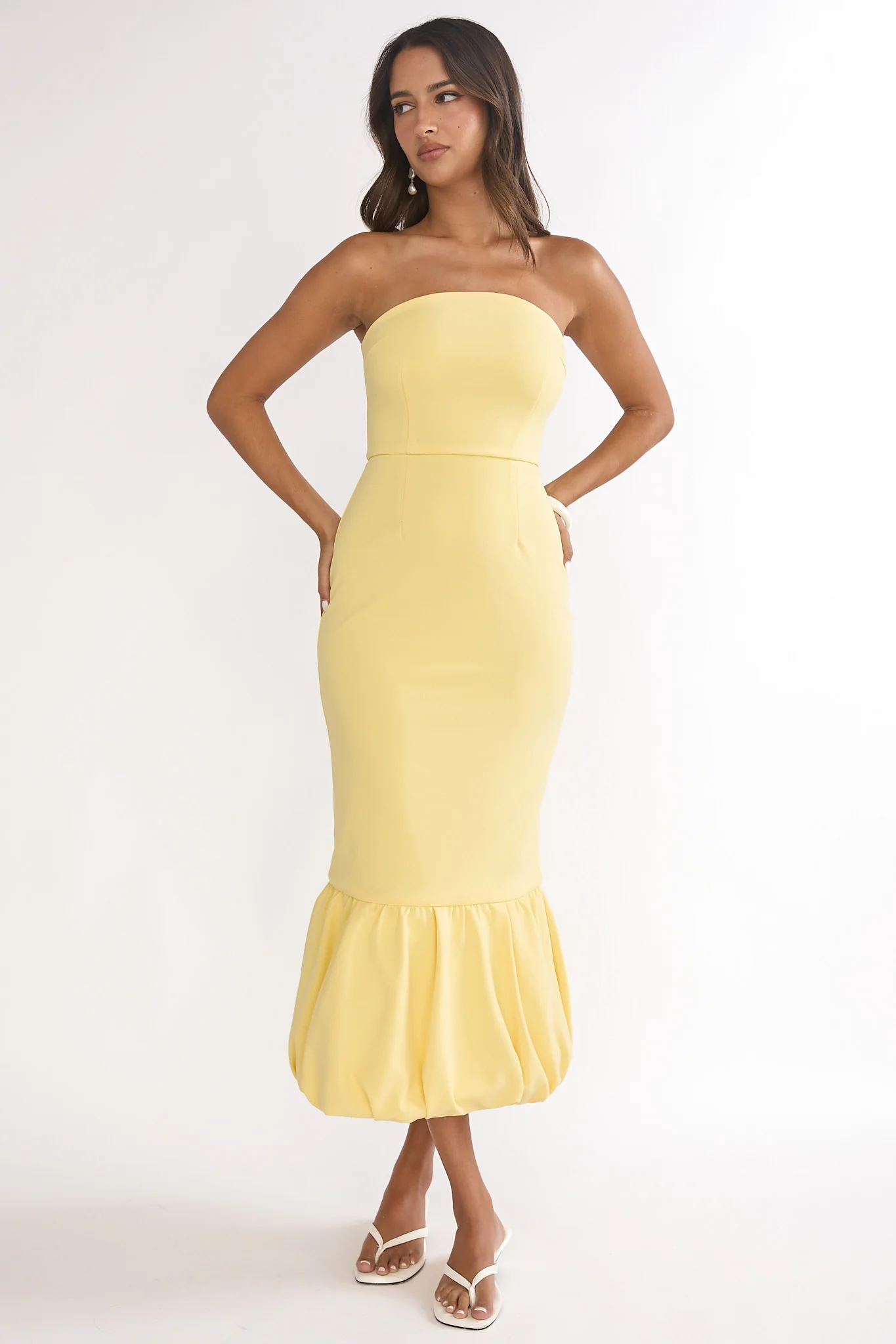 Elira Bubble Hem Strapless Midi Dress Lemon
