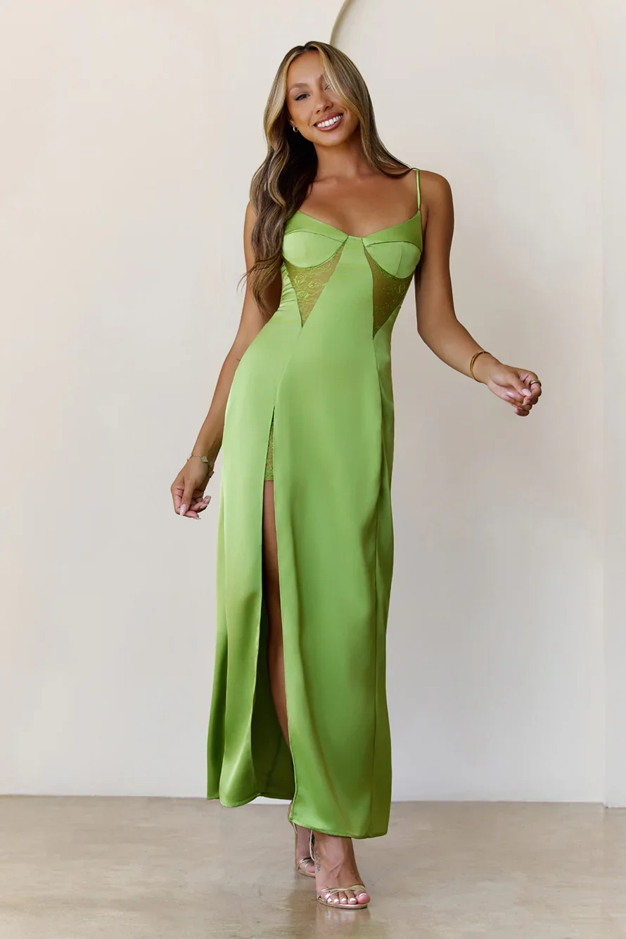 Midnight Heirloom Satin Maxi Dress Green