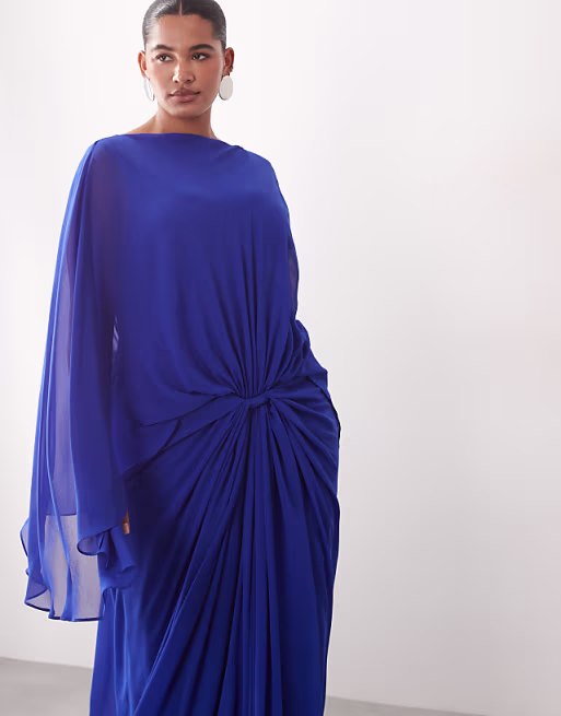 ARRANGE Curve drop waist grecian draped cape sleeve maxi dress in cobalt blue