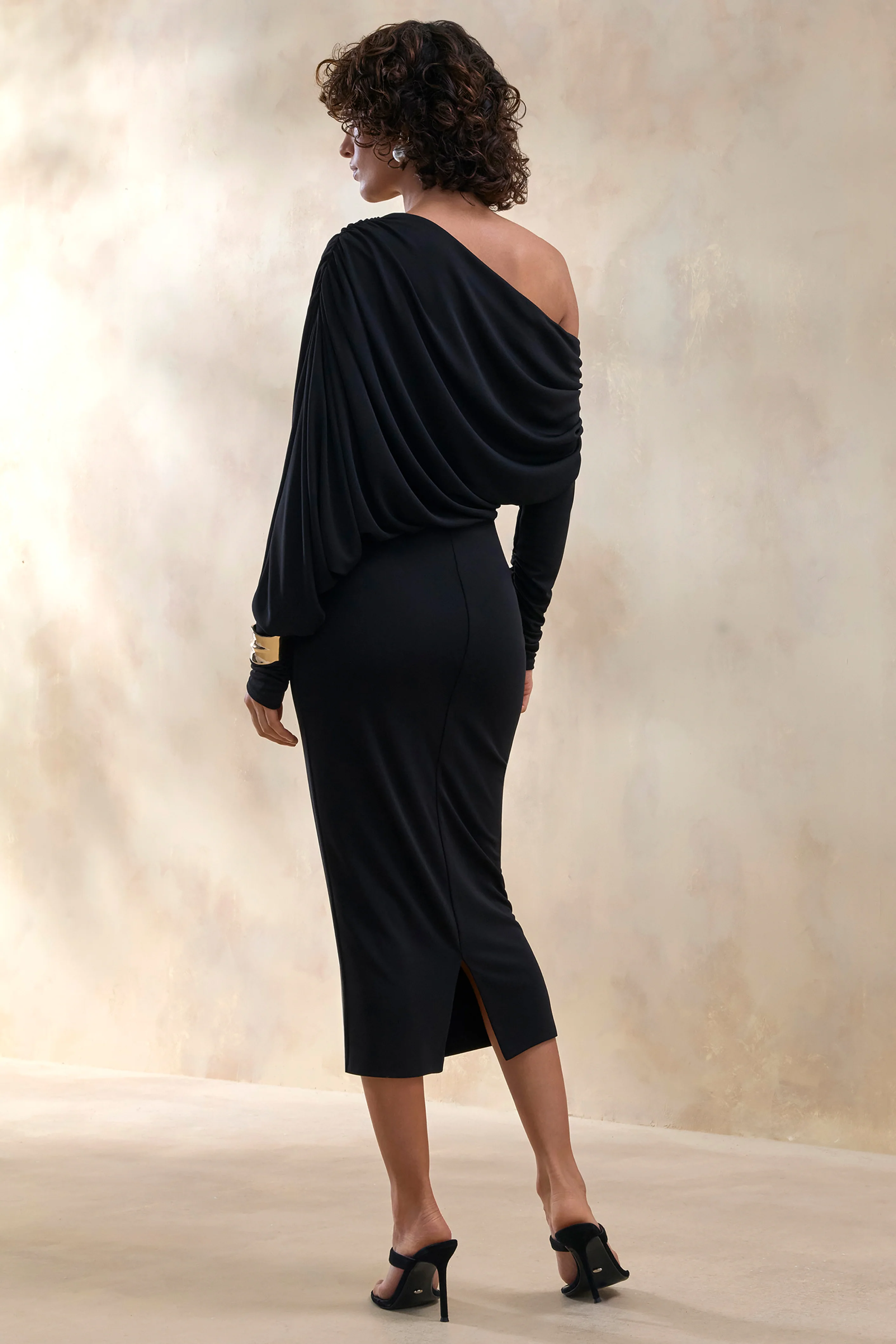 Dalissa | Black Asymmetric-Neck Midi Dress With Draped-Detailing