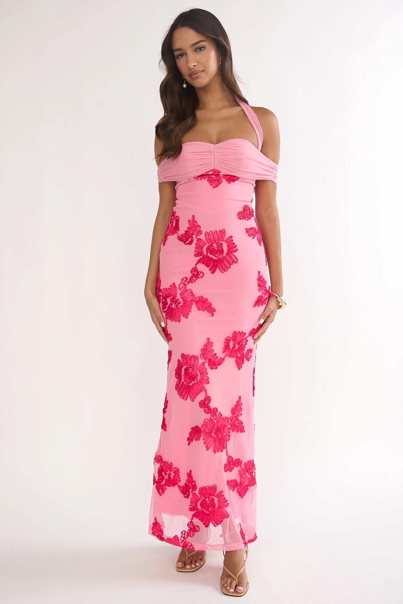 Fleurie Halter Off-Shoulder Maxi Dress Embellished Pink - luluinthesky