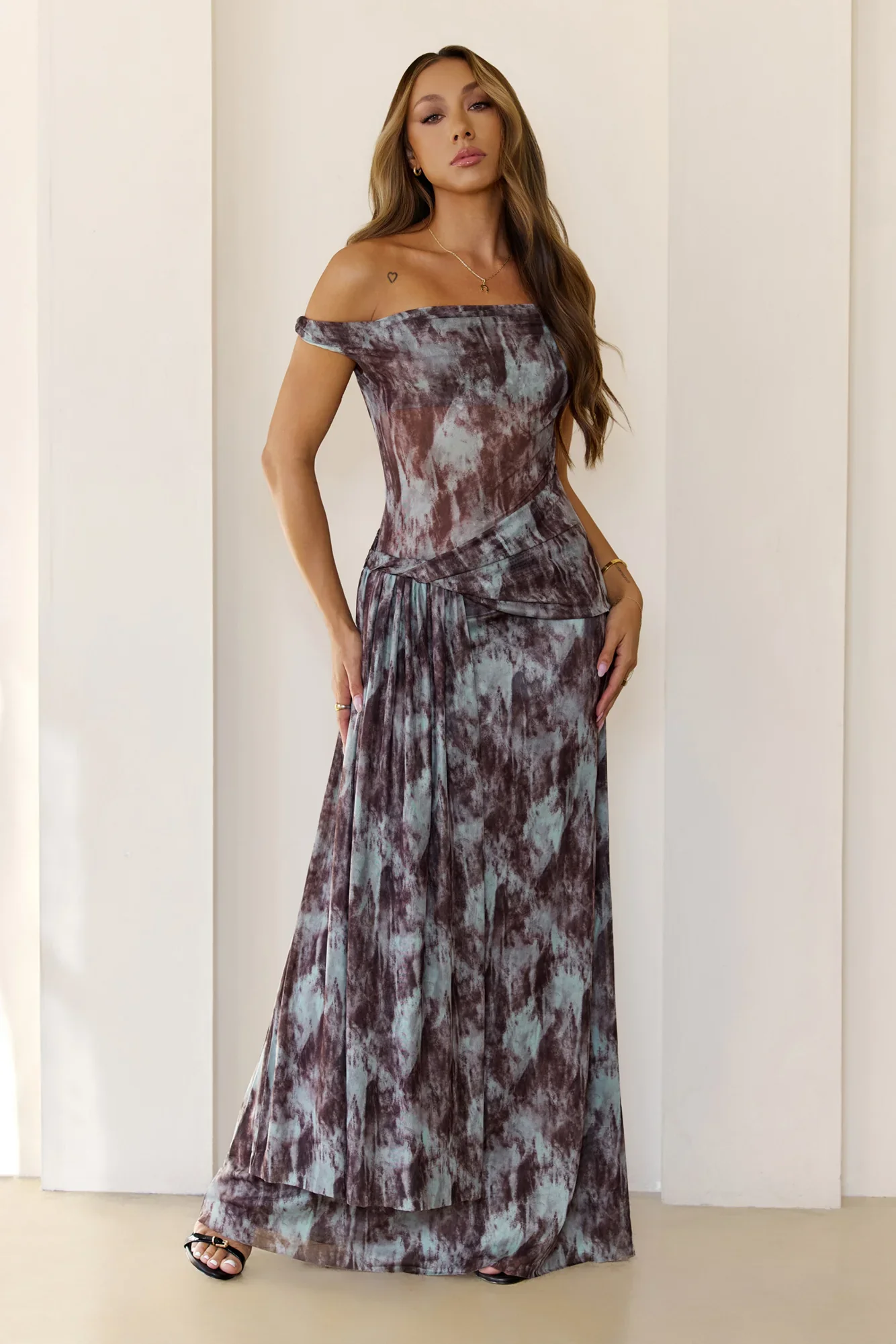 Mystic Marble Print Off Shoulder Maxi Dress Teal