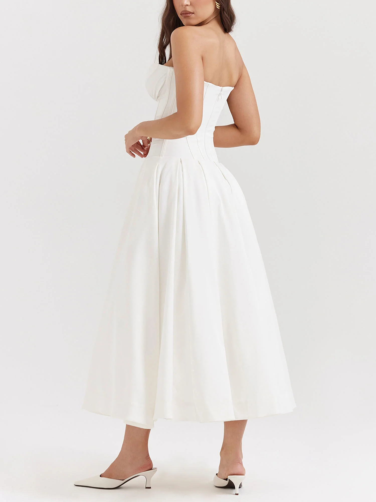 White Strapless Fit-and-Flare Midi Dress