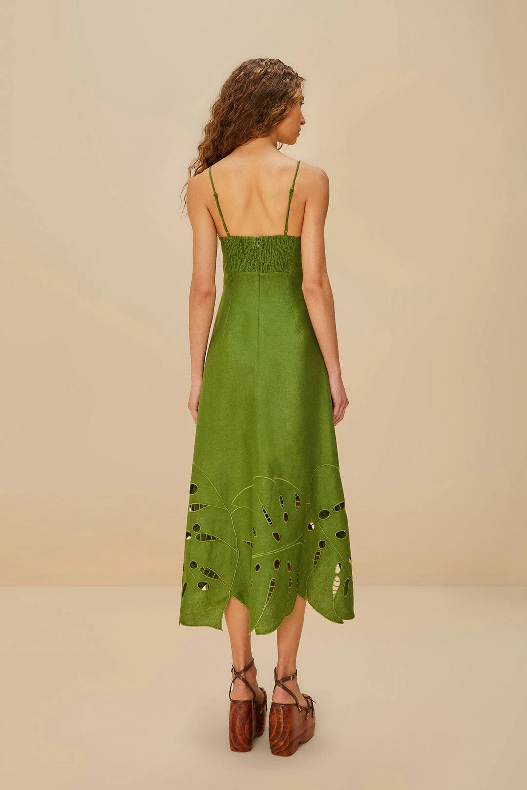 Green Monstera Embroidered Midi Dress
