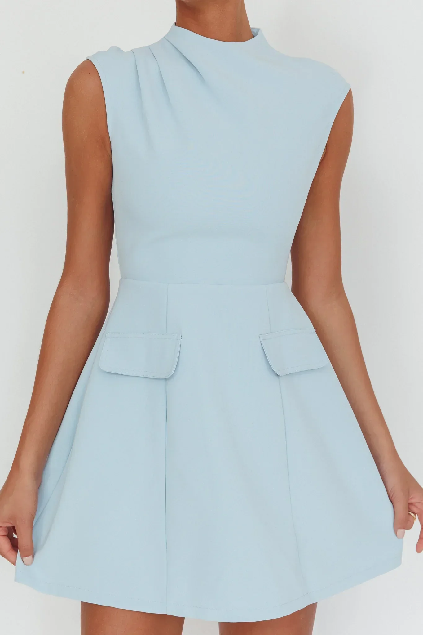 Thandi Pleat Shoulder Faux Pocket Mini Dress Steel Blue
