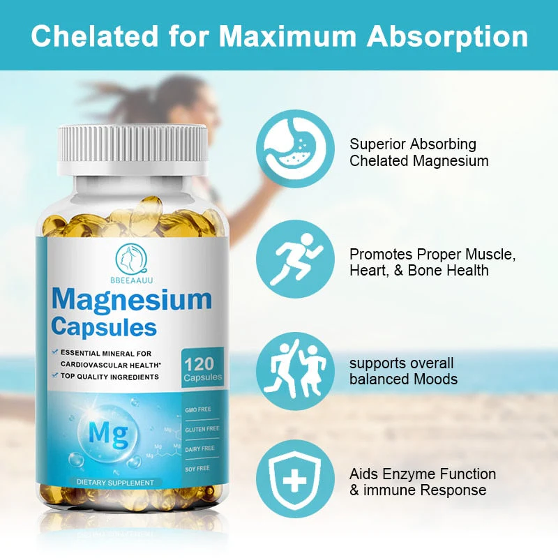 BBEEAAUU Chelated Magnesium Glycinate Capsules Promotes Muscle Heart and Bone Health Help Sleep Muscle Relaxation Anxiety Relief - lemrro